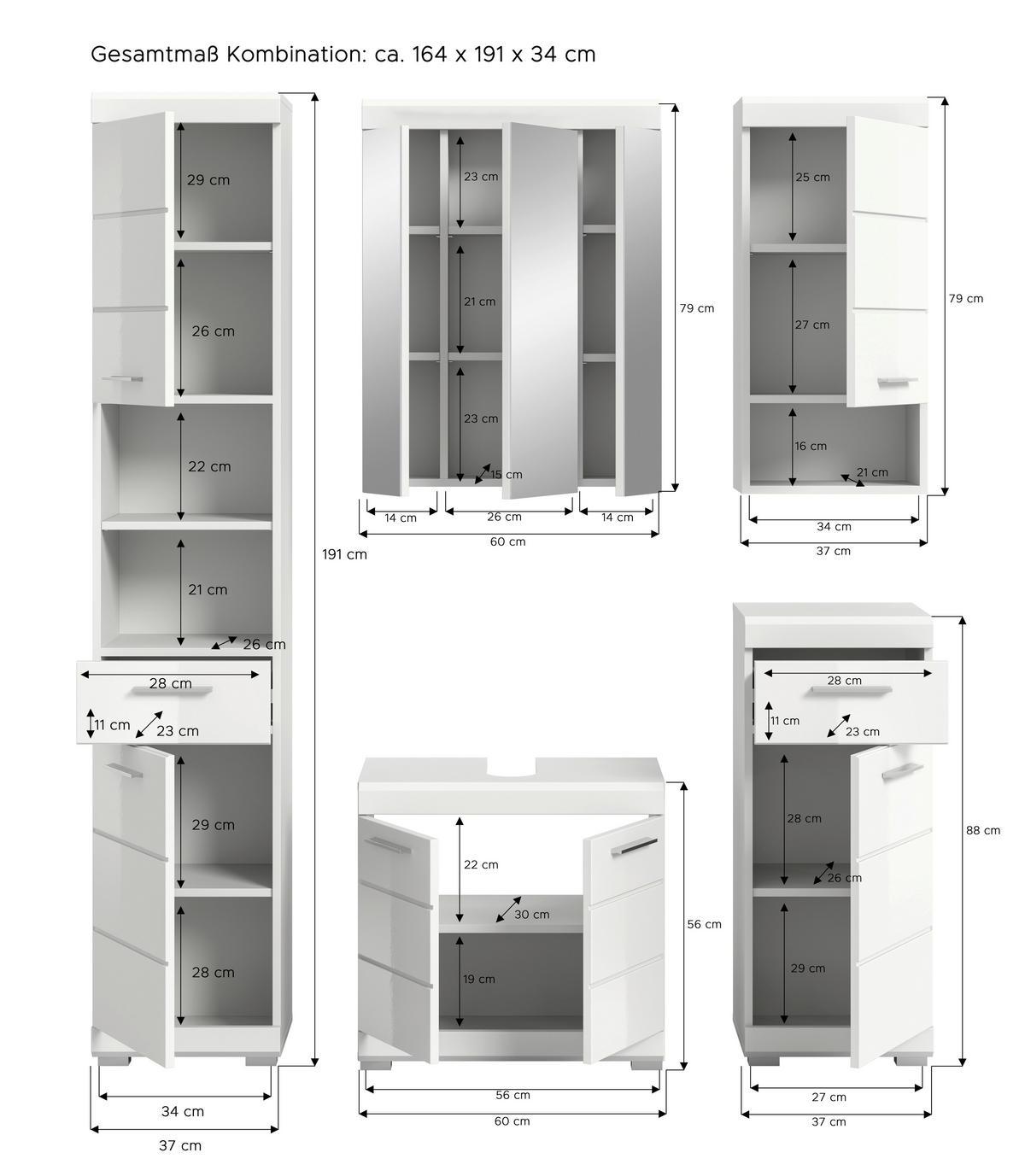 BADEZIMMER 5-teilig  in 134 cm  - Weiß Hochglanz/Silberfarben, MODERN, Glas/Holzwerkstoff (134cm) - MID.YOU
