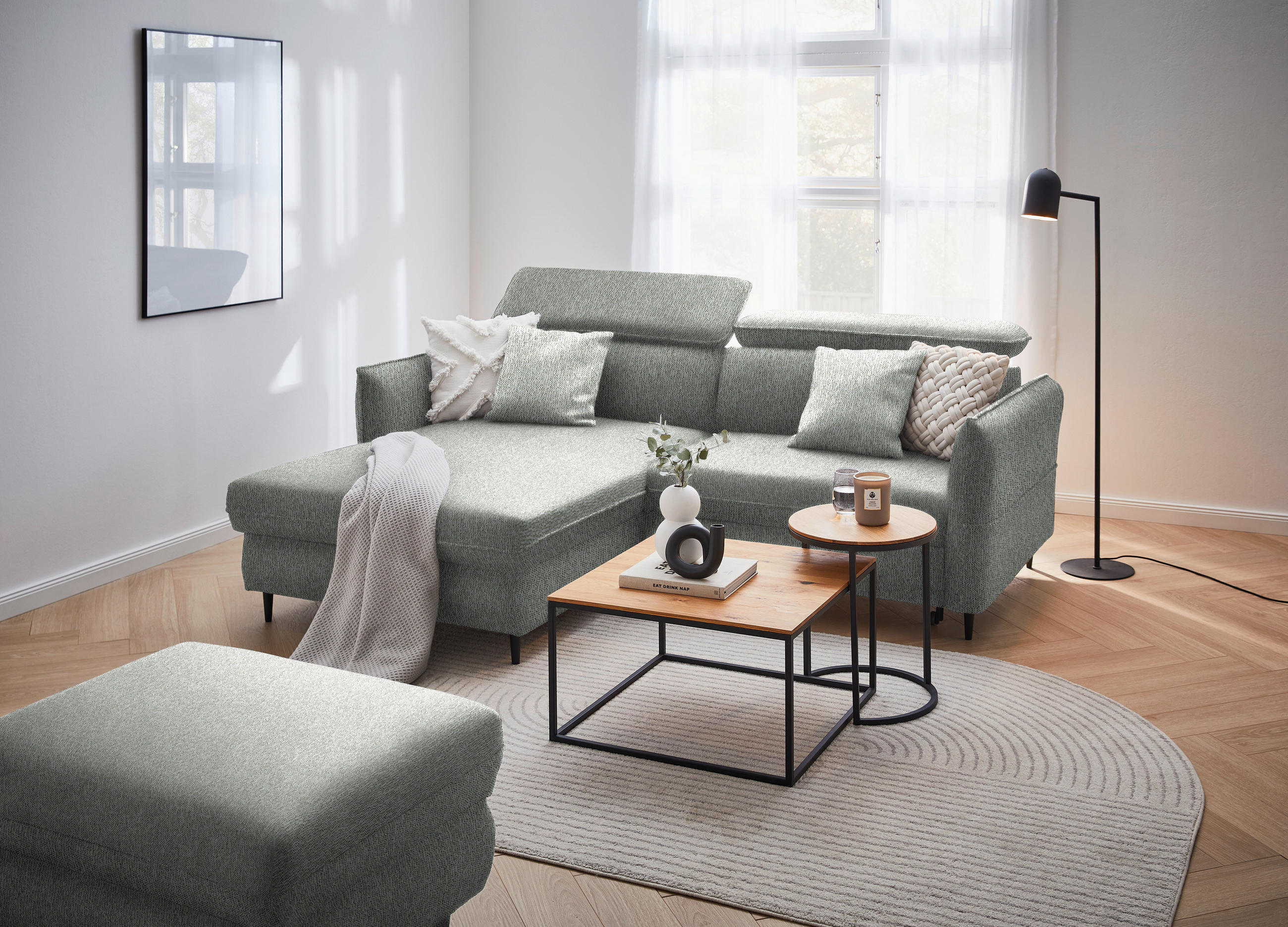 ECKSOFA in Struktur Ecru  - Ecru/Schwarz, Design, Holz/Textil (185/232cm) - Stylife