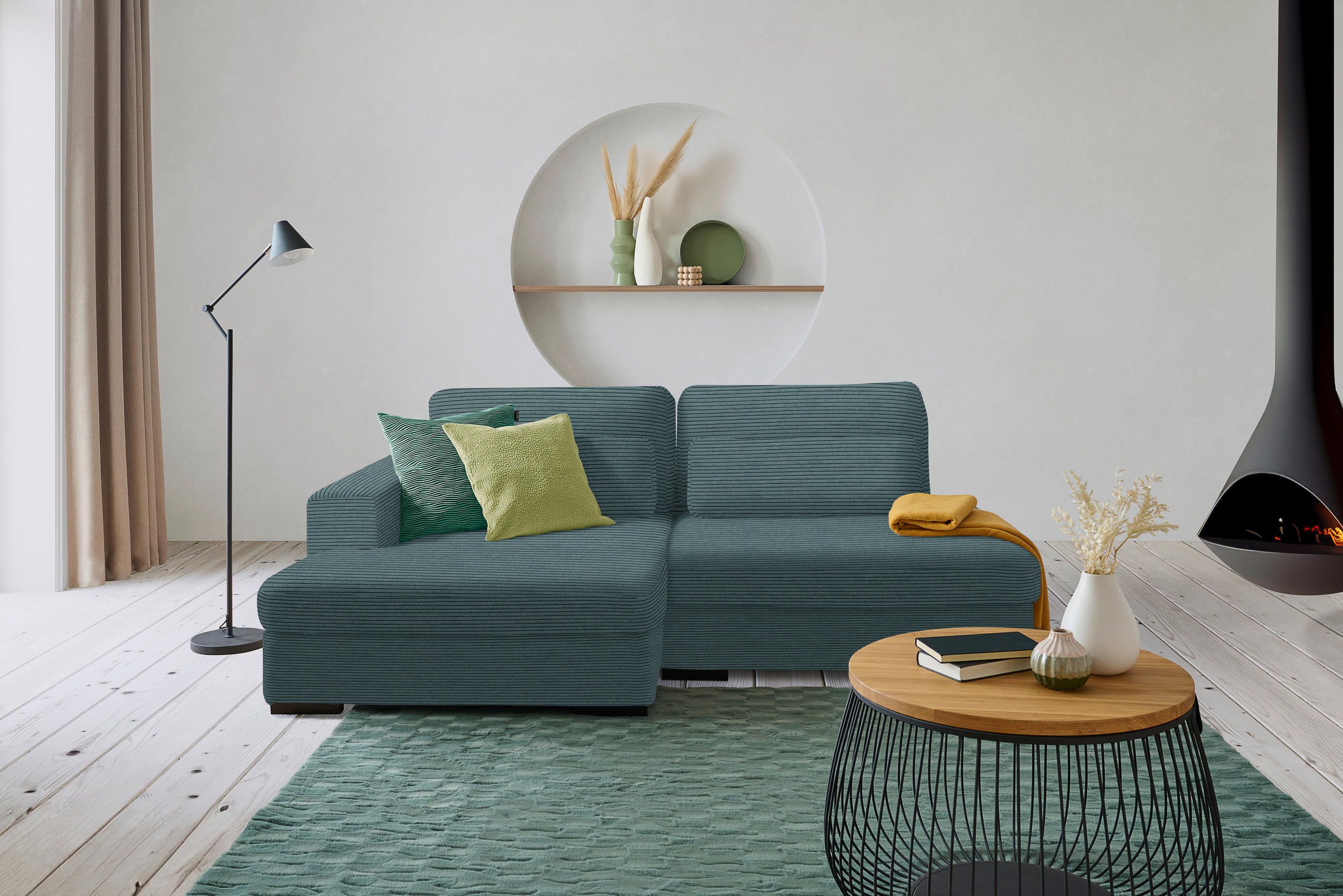 ECKSOFA in Velours, Cord Salbeigrün  - Salbeigrün/Schwarz, Design, Kunststoff/Textil (158/223cm) - Lomoco