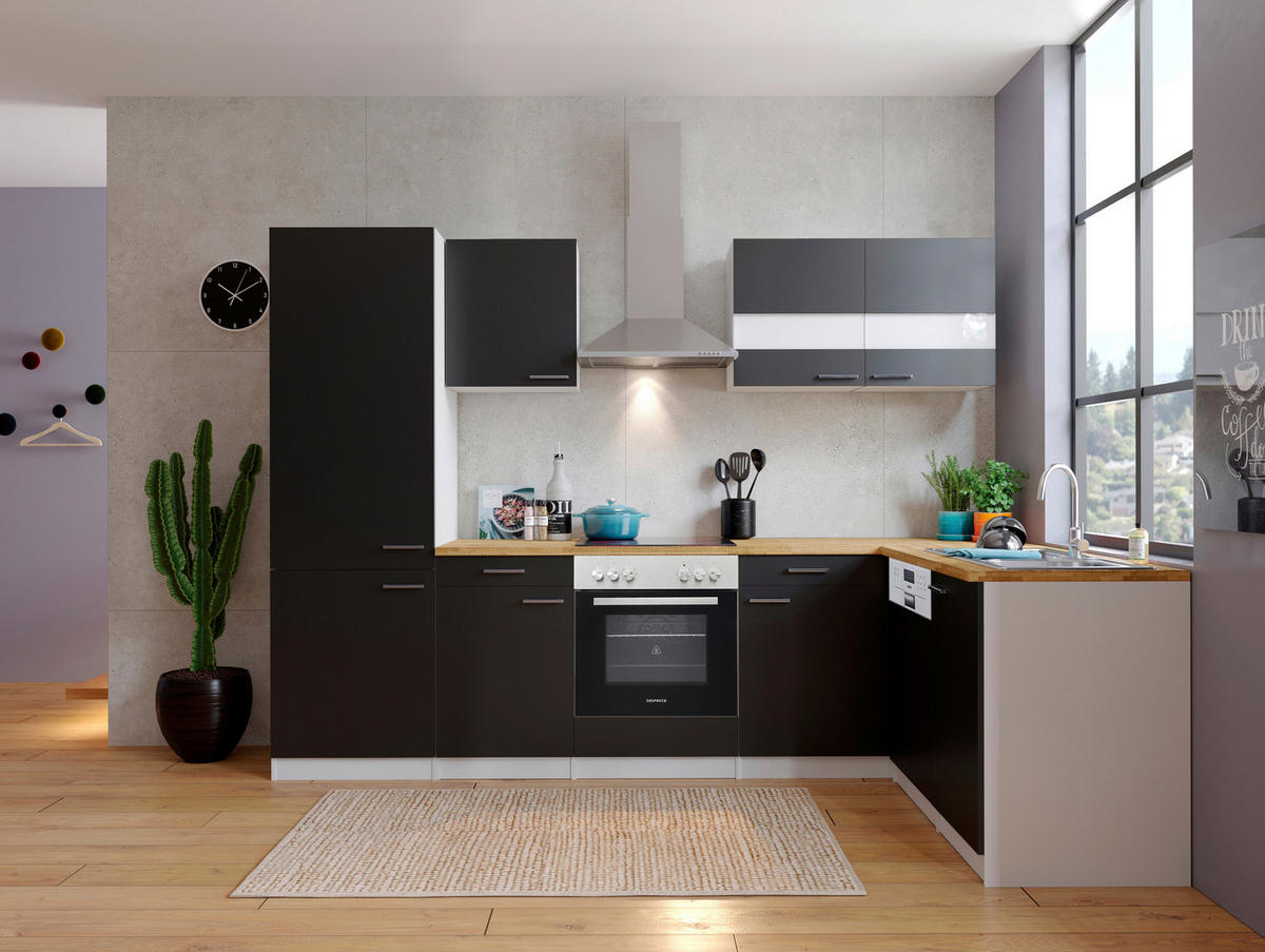 ECKKÜCHE 280/172 cm  in Schwarz  - Edelstahlfarben/Nussbaumfarben, Basics, Holzwerkstoff/Metall (280/172cm) - Respekta