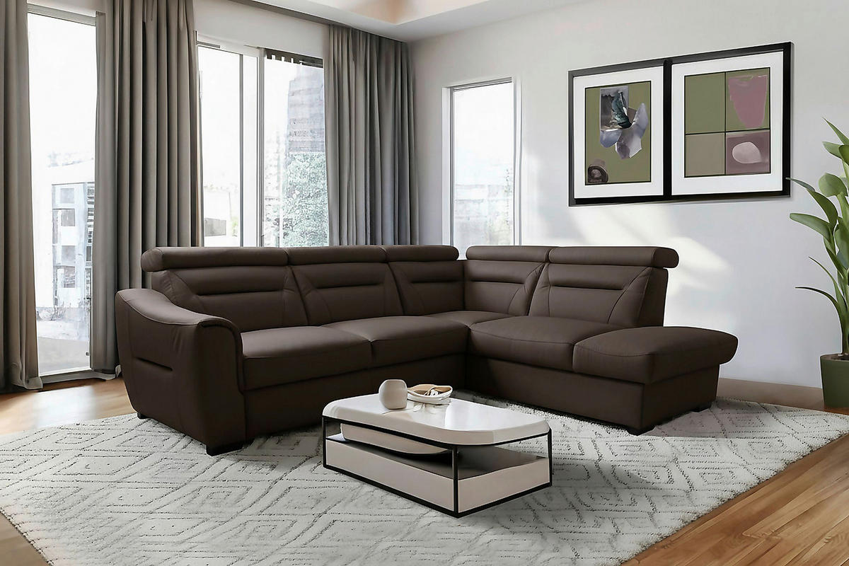 ECKSOFA  in Lederlook Echtleder Dunkelbraun  - Wengefarben/Dunkelbraun, Design, Leder/Holz (260/212cm) - Celina Home