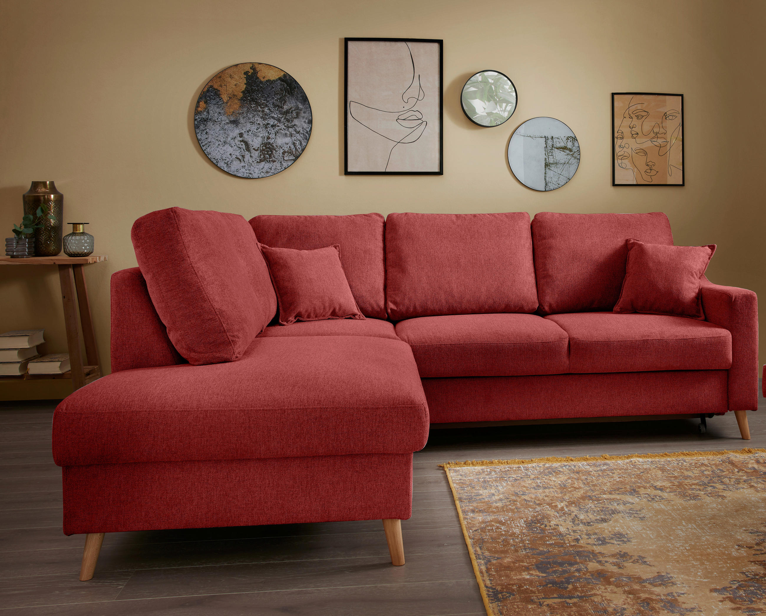 ECKSOFA Valentina Rot Chenille  - Rot/Naturfarben, KONVENTIONELL, Holz/Textil (200/230cm) - Livetastic