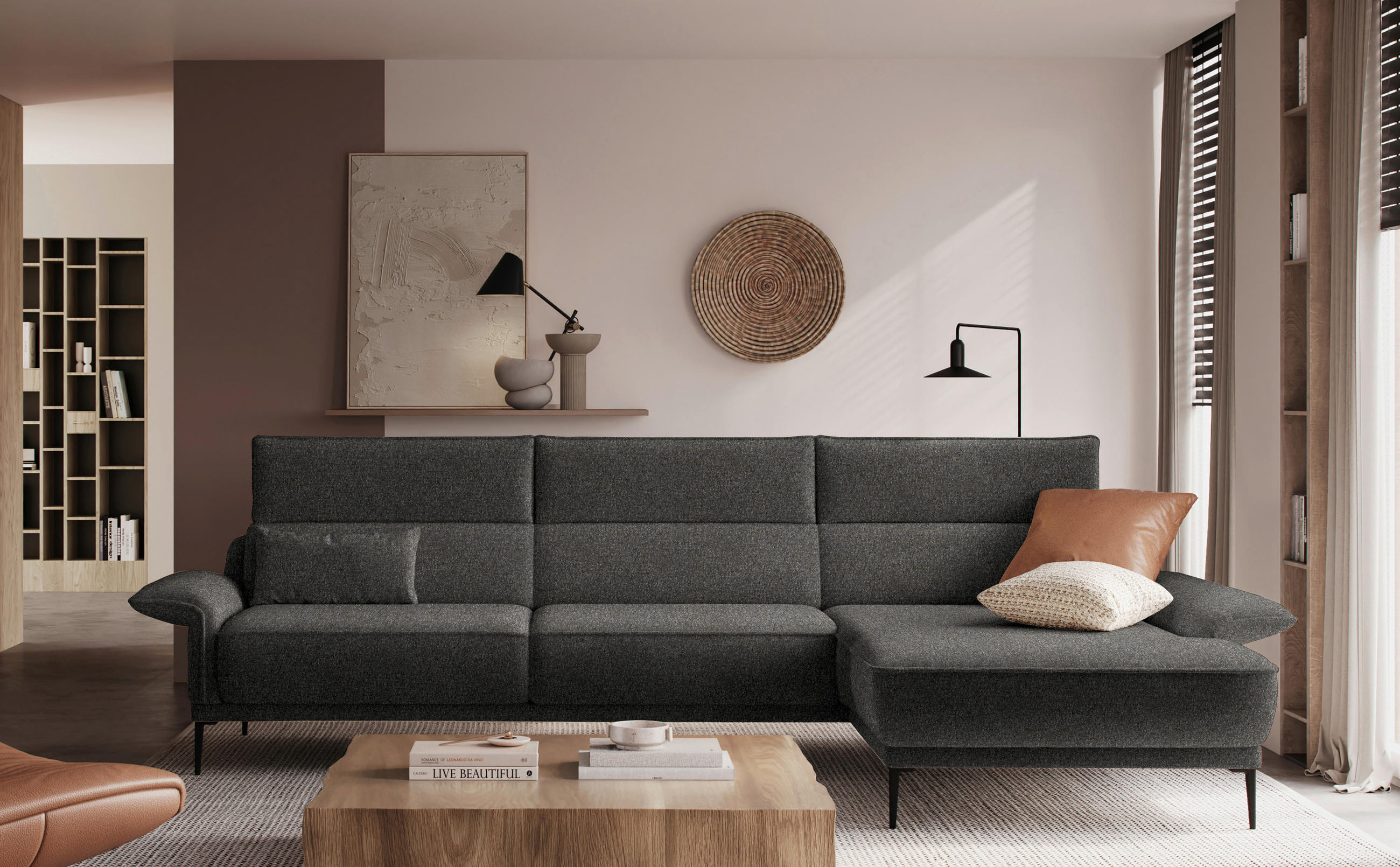 ECKSOFA in Bouclé Dunkelgrau  - Dunkelgrau/Schwarz, Design, Textil/Metall (330/186cm) - Johann Jakob