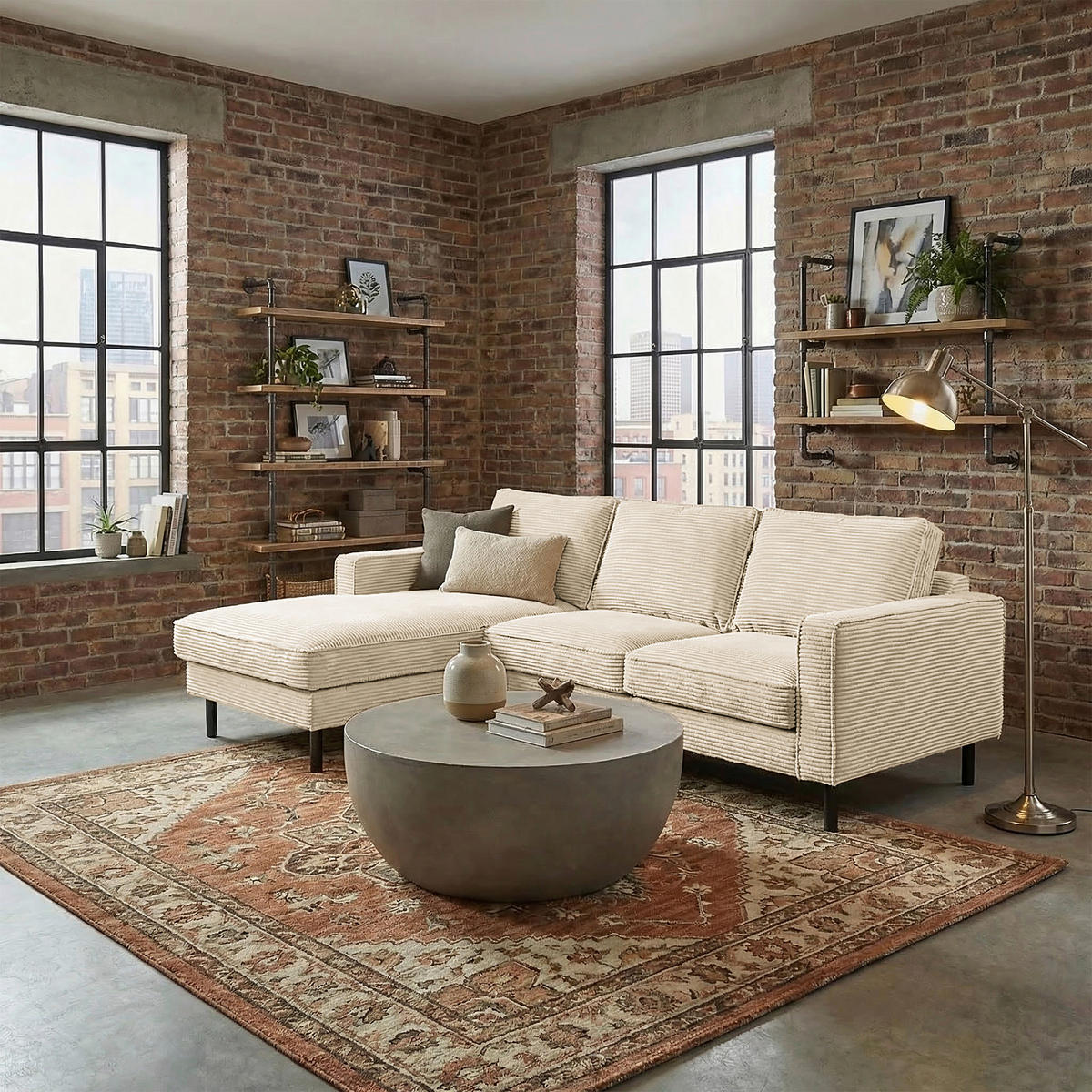 ECKSOFA  in Cord Beige Rücken echt  166/238 cm  - Beige/Schwarz, Design, Textil/Metall (166/238cm) - Livetastic