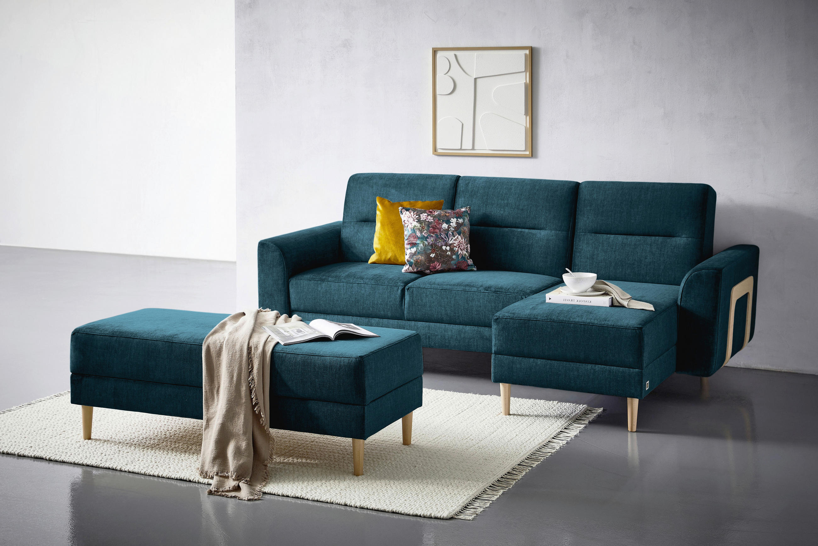 HOCKER in Textil Blau  - Blau/Naturfarben, Modern, Holz/Textil (135/48/57cm) - Max Winzer