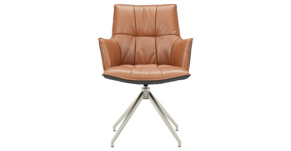ARMLEHNSTUHL in Edelstahl, Eisen Mikrofaser Echtleder pigmentiert - Edelstahlfarben/Cognac, Design, Leder/Textil (60,5/89,5/63cm) - Novel