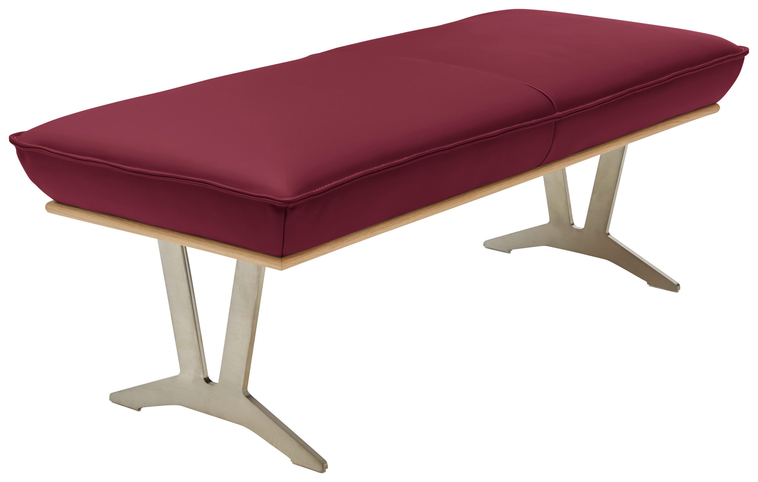 HOCKERBANK 130/49/54 cm  in Weinrot  - Edelstahlfarben/Beige, Design, Leder/Holz (130/49/54cm) - Ambiente