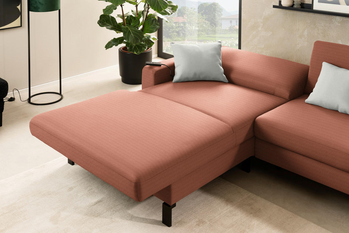 ECKSOFA  in Cord Rostfarben Rücken echt, Sitztiefenverstellung  185/298 cm  - Rostfarben/Schwarz, Design, Textil/Metall (185/298cm) - Pure Home Lifestyle