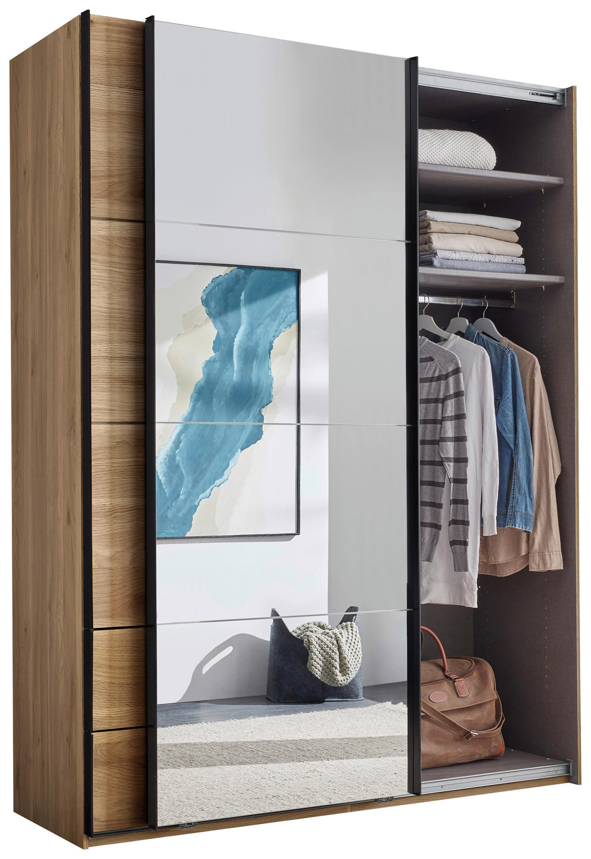 SCHWEBETÜRENSCHRANK  in Eichefarben  - Eichefarben/Schwarz, MODERN, Glas/Holzwerkstoff (170/225,5/60,5cm) - Xora