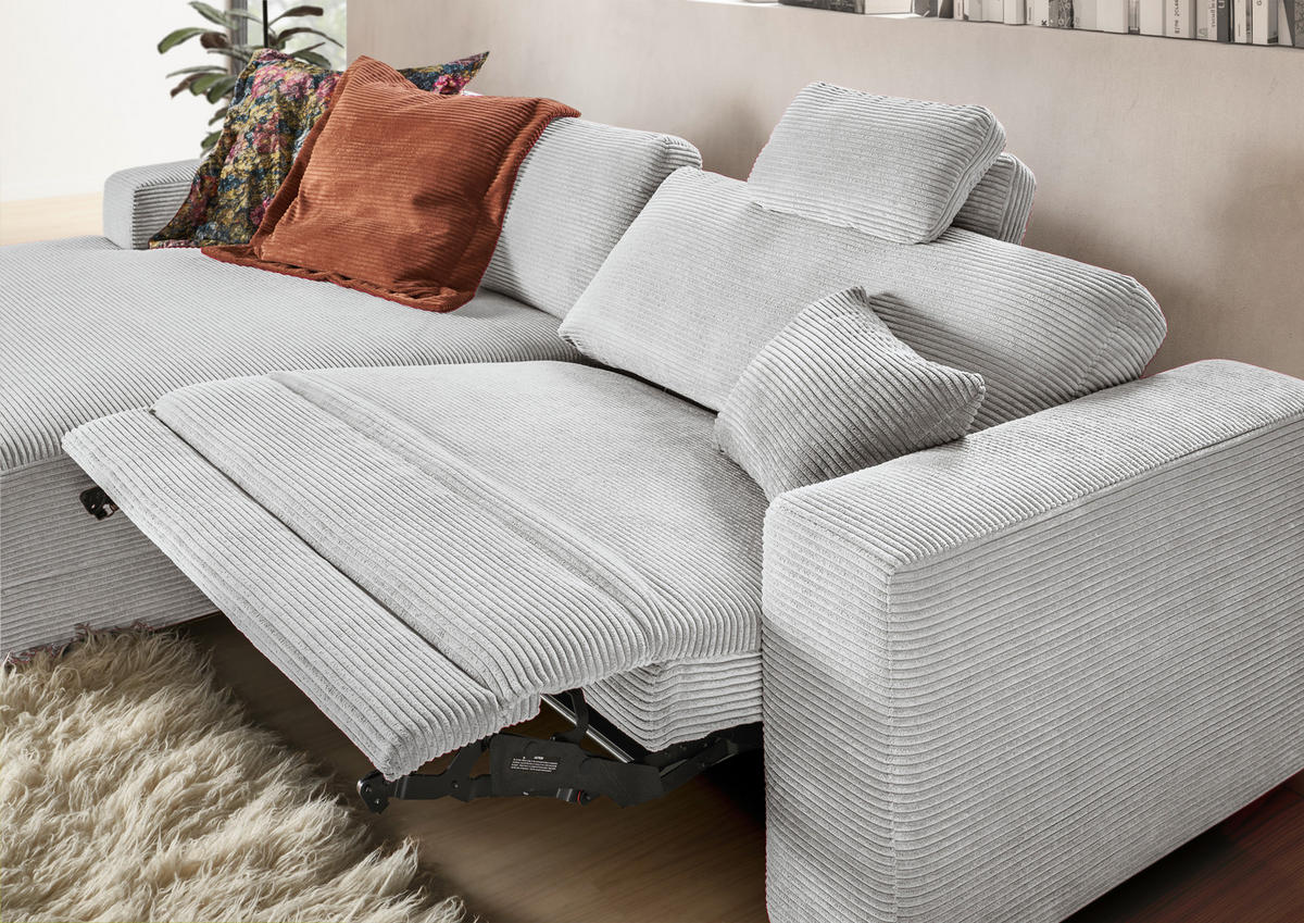 ECKSOFA inkl. Relaxfunktion Grau Cord  - Schwarz/Grau, Design, Kunststoff/Textil (168/296cm) - Pure Home Lifestyle
