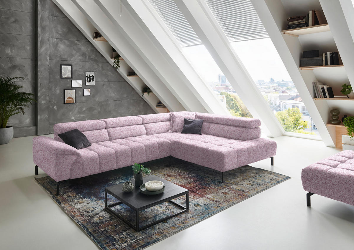 ECKSOFA in Chenille Rosa  - Schwarz/Rosa, Design, Textil/Metall (323/222cm) - Beldomo Style