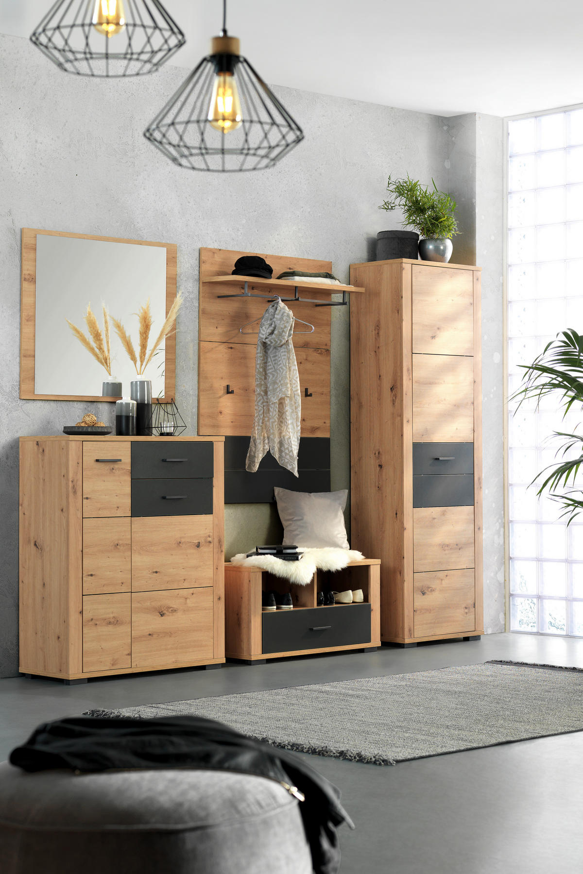 ŠATNÍ LAVICE, 85/45/38 cm - černá/barvy dubu, Konvenční, kompozitní dřevo/plast (85/45/38cm) - Xora