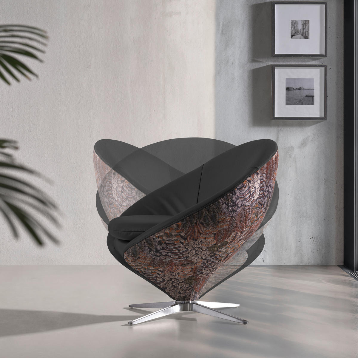 SESSEL Jacquard Kombination Echtleder/Stoff Dunkelgrau  - Dunkelgrau/Nickelfarben, Design, Leder/Textil (84/81/79cm) - Koinor