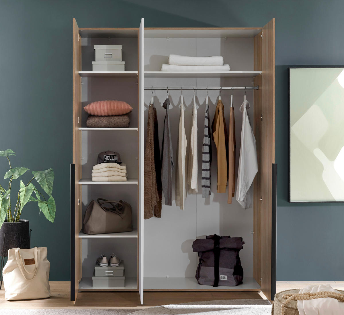 KLEIDERSCHRANK 150/210/53 cm 3-türig Weiß, Eichefarben  - Eichefarben/Schwarz, KONVENTIONELL, Holzwerkstoff/Kunststoff (150/210/53cm) - Boxxx