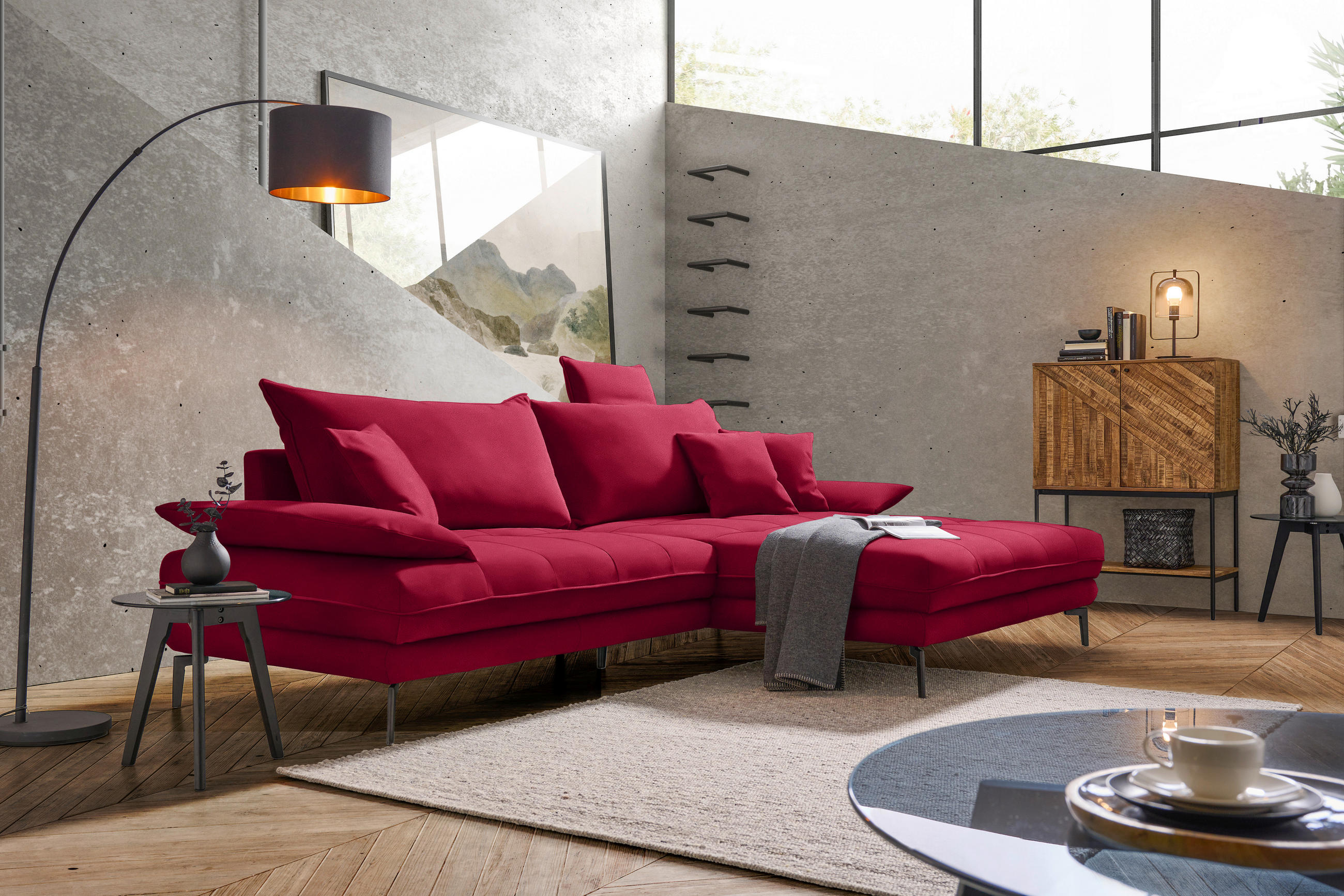 ECKSOFA PRATO Rot Flachgewebe  - Rot/Schwarz, MODERN, Textil/Metall (292/176cm) - MID.YOU