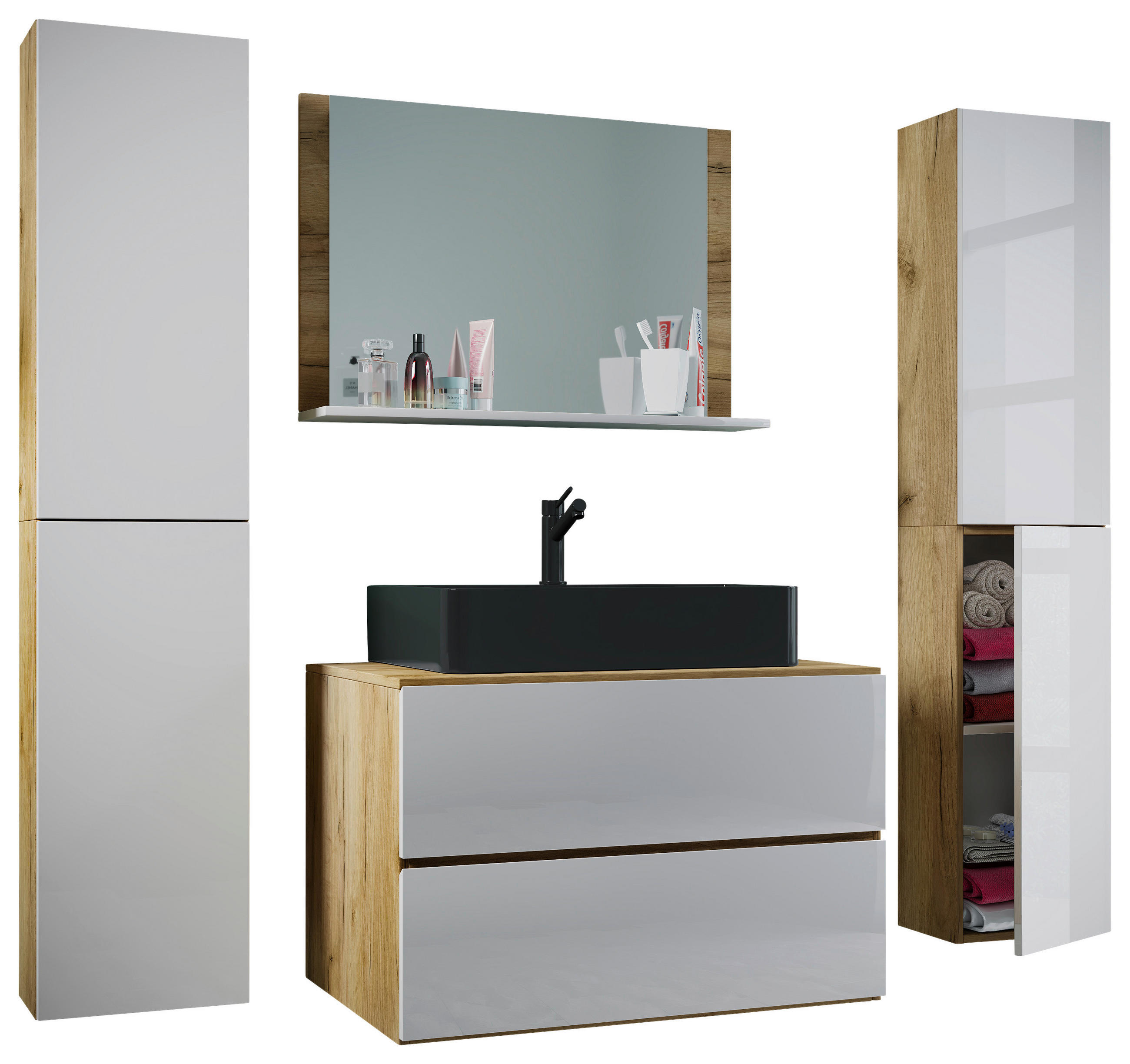 BADEZIMMER 5-teilig  in 147 cm  - Honigeiche/Schwarz, MODERN, Glas/Keramik (147cm) - MID.YOU