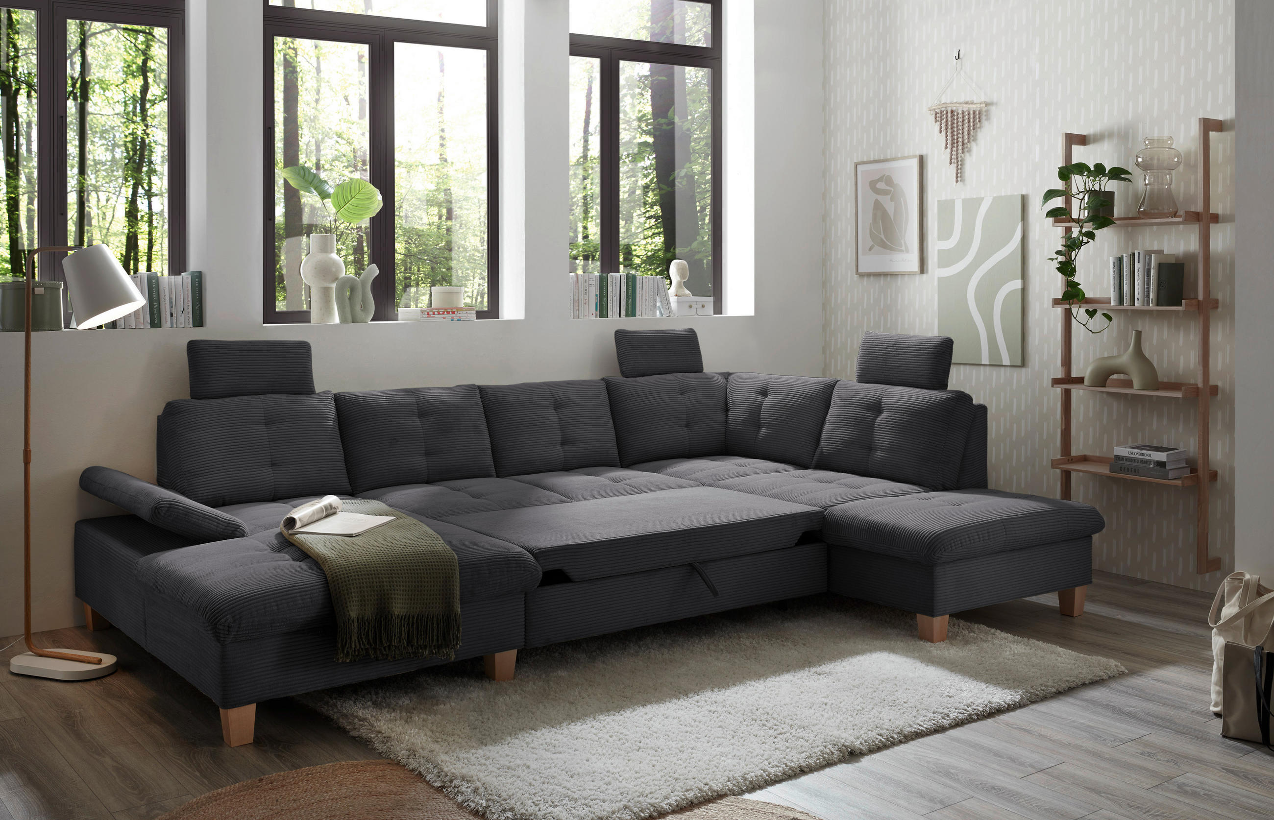 WOHNLANDSCHAFT in Cord Anthrazit  - Eichefarben/Anthrazit, Konventionell, Holz/Textil (170/324/220cm) - MID.YOU