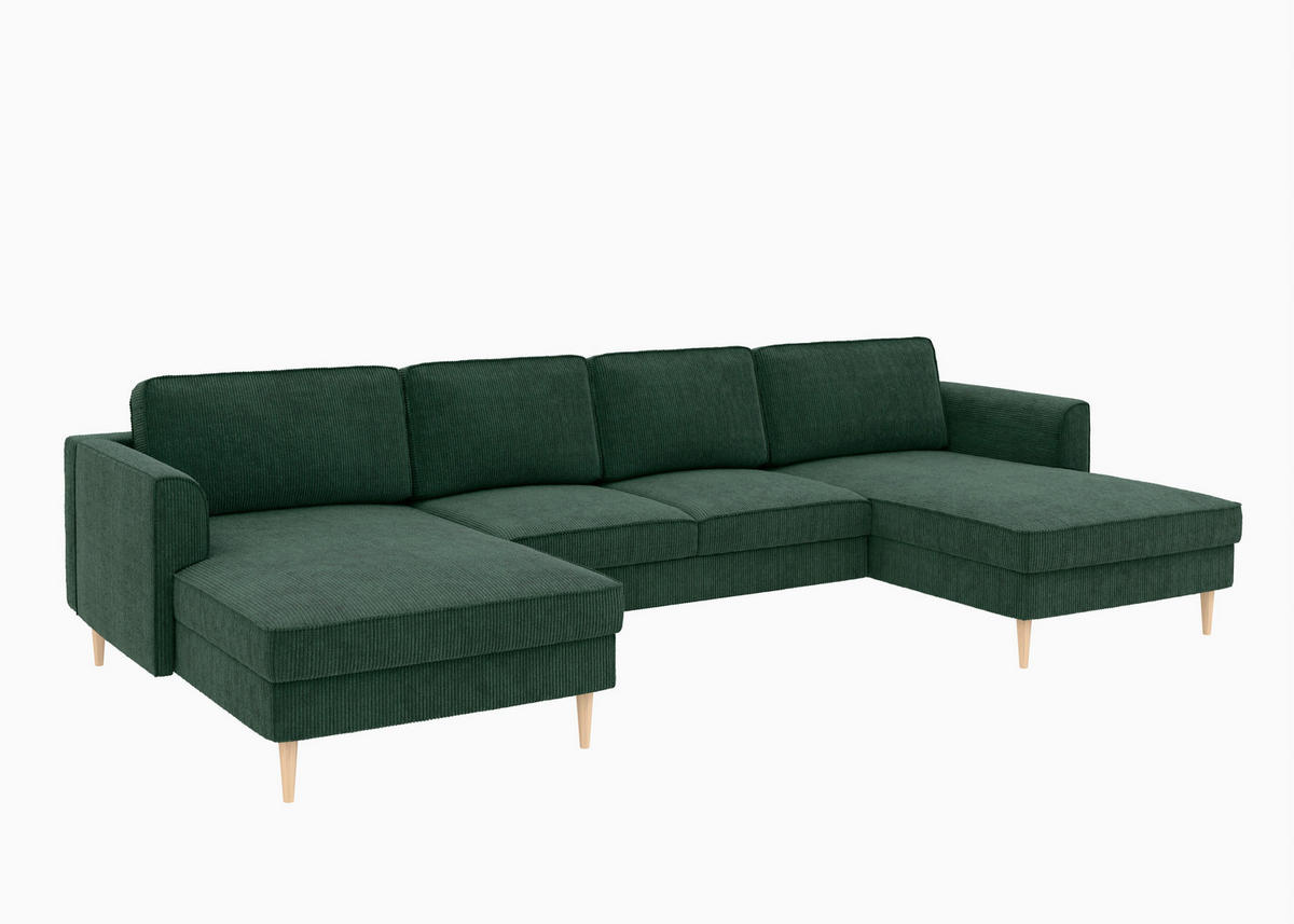 WOHNLANDSCHAFT Dunkelgrün Cord  - Dunkelgrün/Buchefarben, MODERN, Holz/Textil (161/306/161cm) - Trendmanufaktur