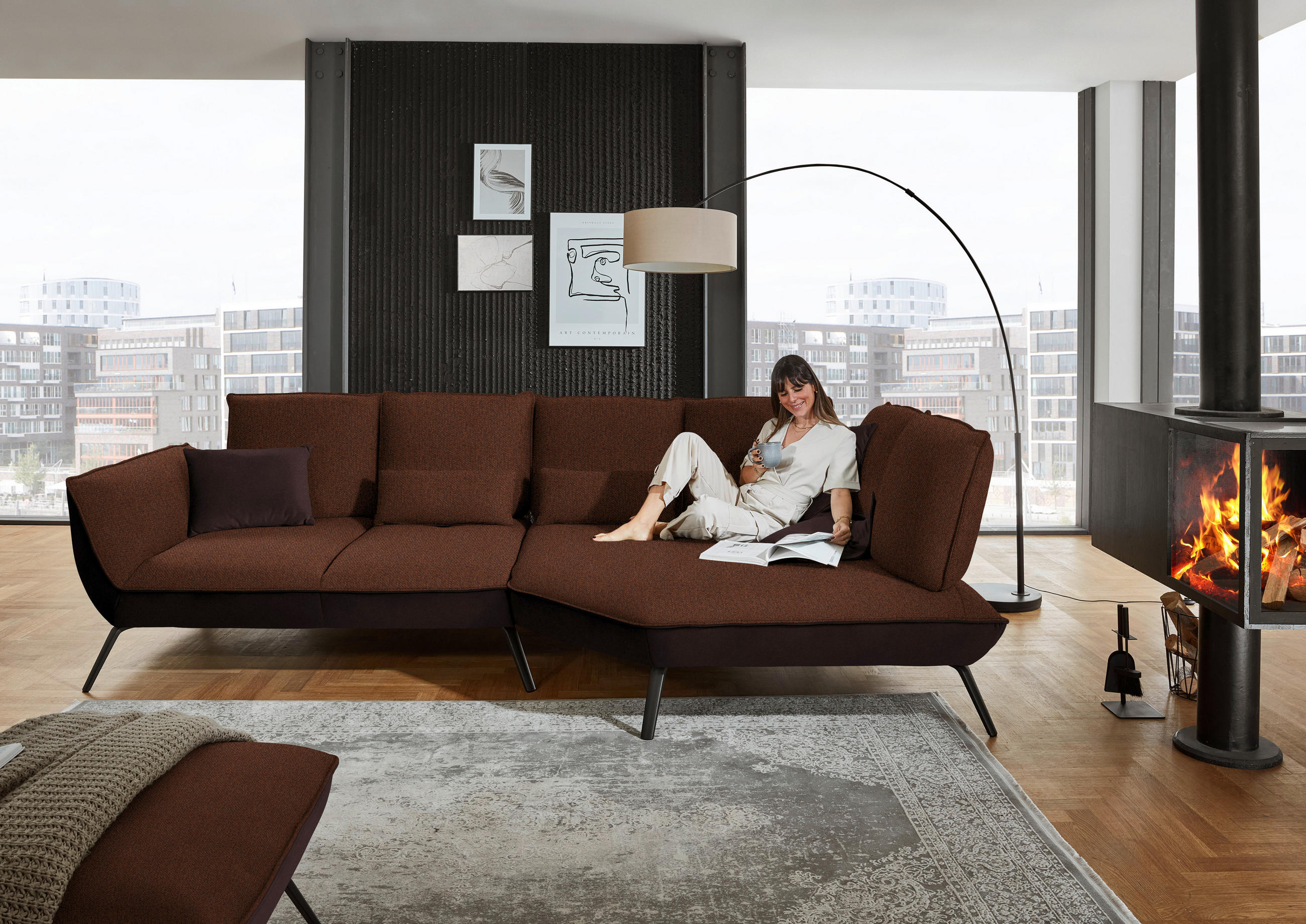 ECKSOFA in Flachgewebe Kupferfarben  - Schwarz/Kupferfarben, Design, Textil/Metall (320/169cm) - Moderano