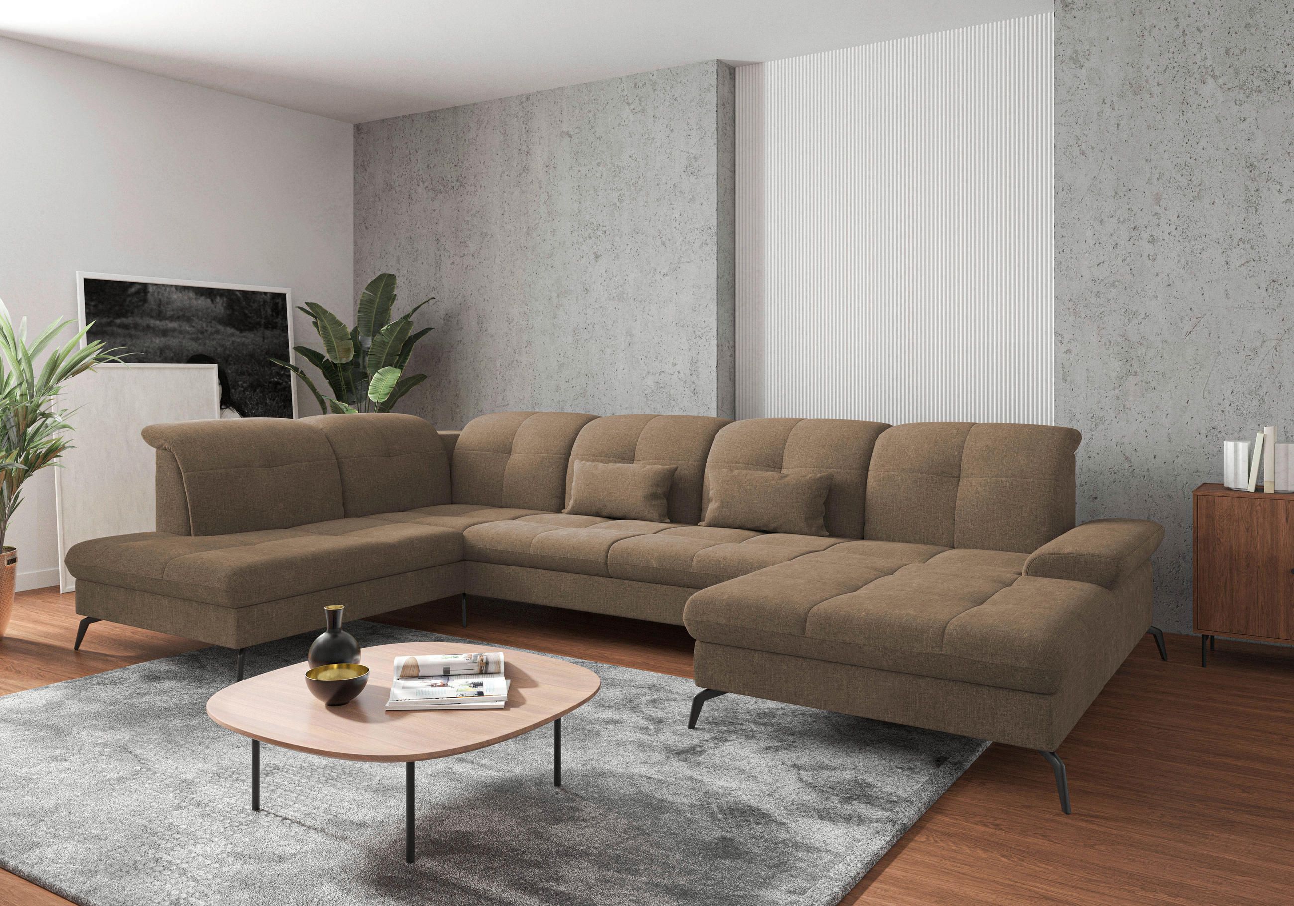 WOHNLANDSCHAFT in Flachgewebe Hellbraun - Hellbraun/Schwarz, Konventionell, Textil/Metall (231/357/185cm) - Sit & More