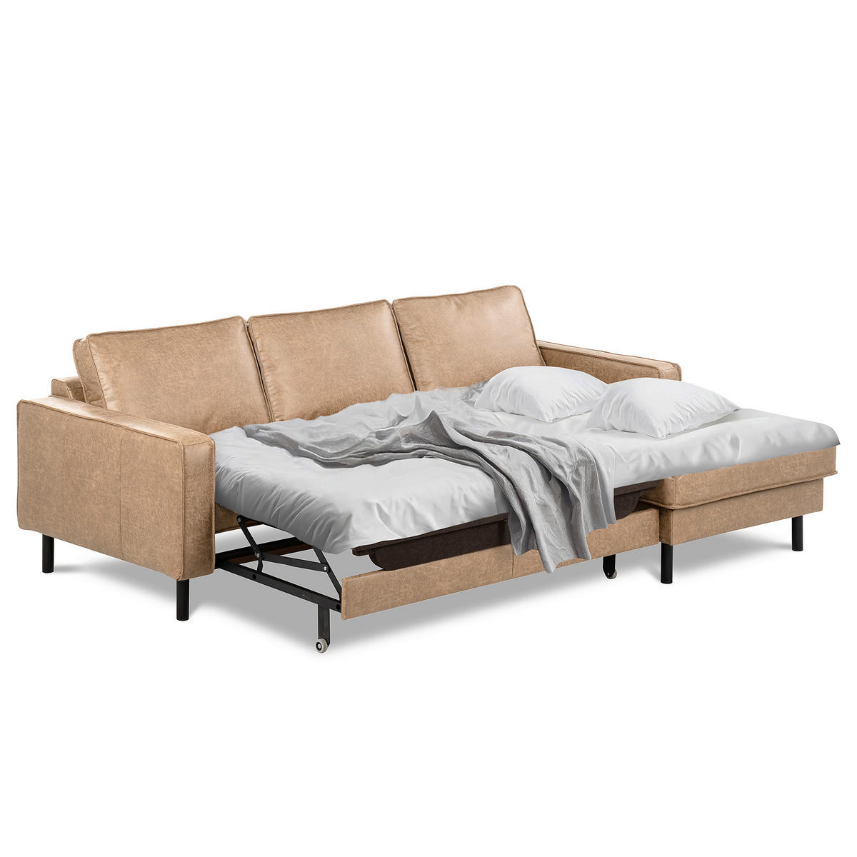 ECKSOFA Sandfarben Echtleder Lederlook Bettkasten, Schlaffunktion, Rücken echt  - Sandfarben/Schwarz, Design, Leder/Textil (166/238cm) - Livetastic