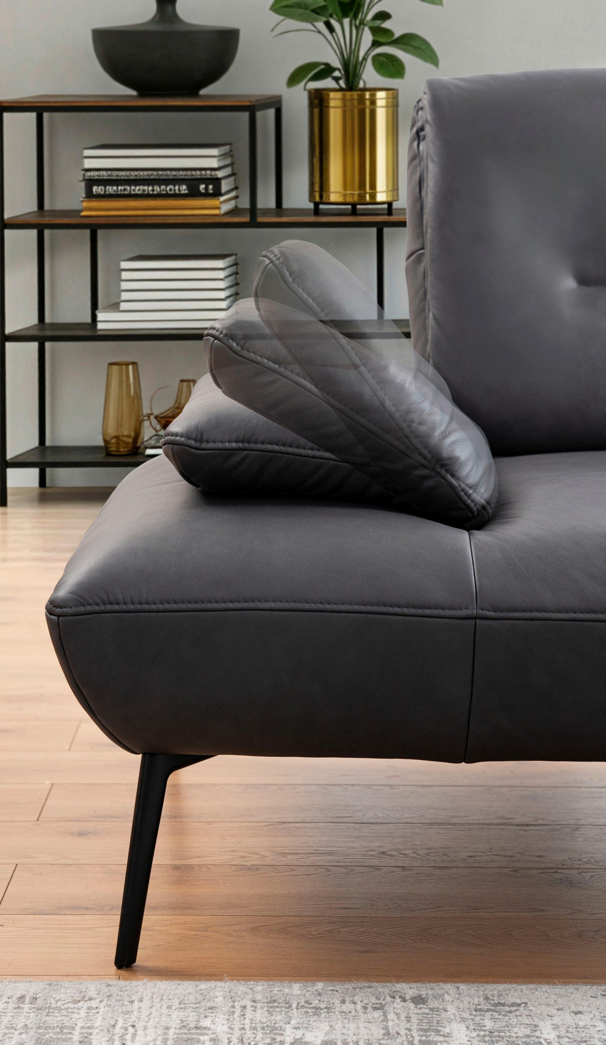 ECKSOFA Anthrazit Echtleder Rücken echt, Sitztiefenverstellung  - Anthrazit/Schwarz, Design, Leder/Metall (320/190cm) - Moderano