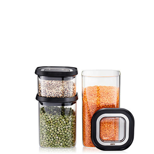 Gefu Frischhaltedosenset Pantry Schwarz, Edelstahl, Transparent