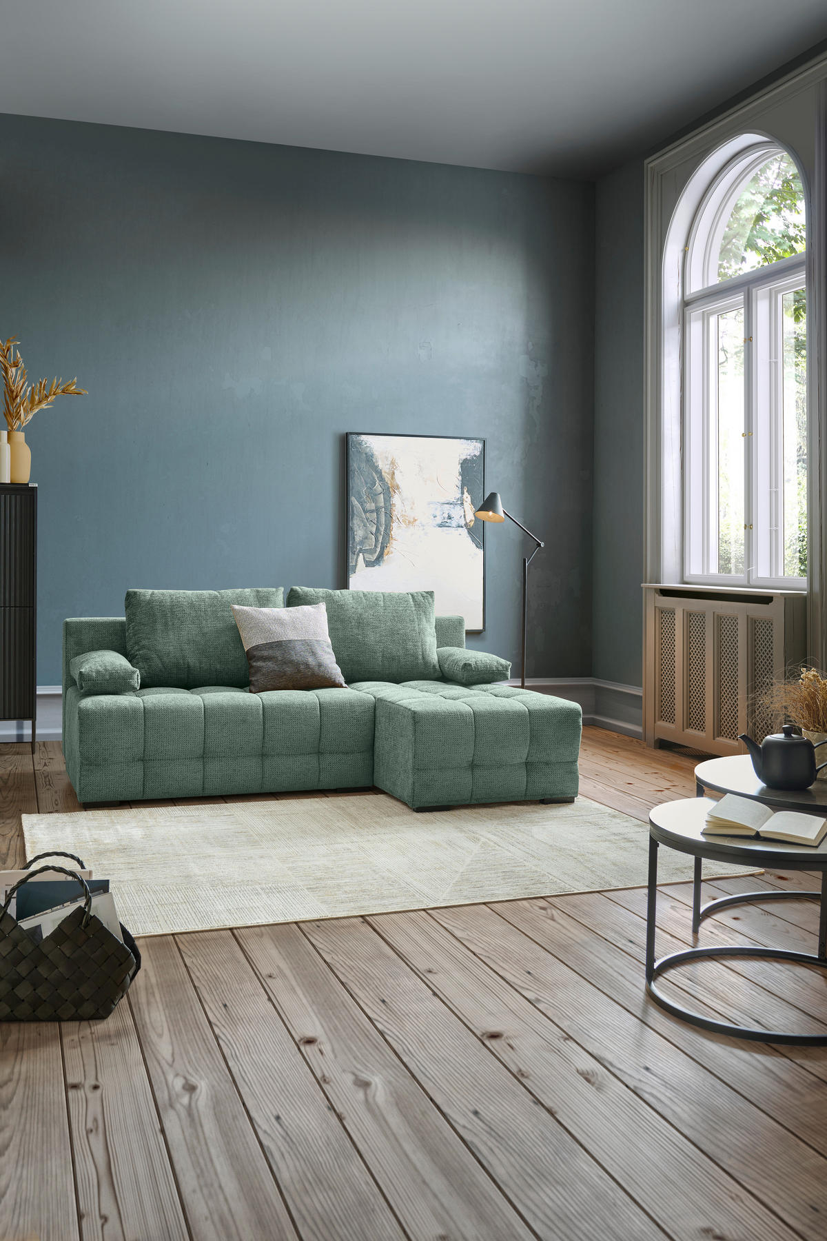 ECKSOFA Dunkelgrün Chenille  - Dunkelgrün/Schwarz, MODERN, Kunststoff/Textil (204/145cm) - home24