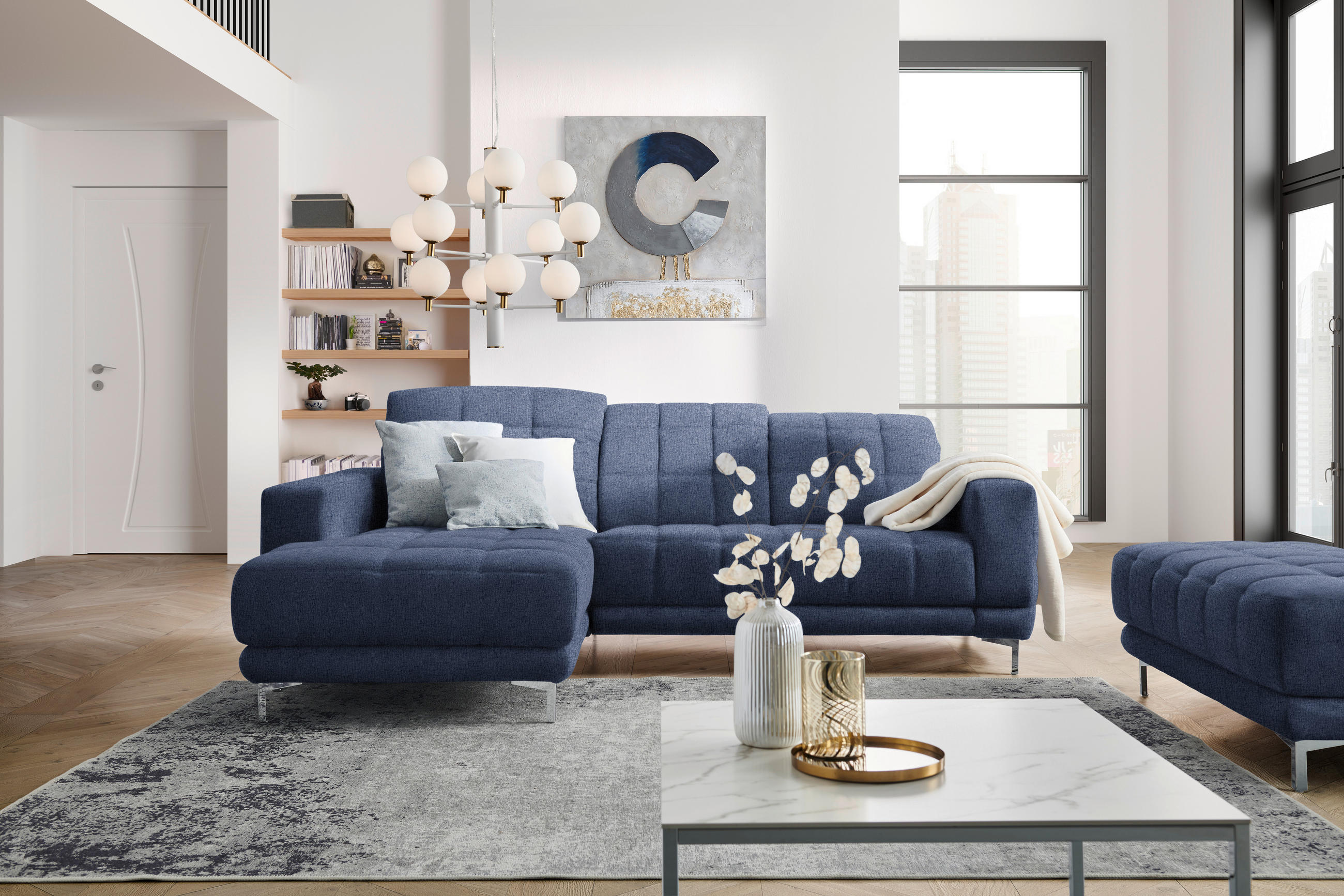 ECKSOFA in Webstoff Dunkelblau  - Chromfarben/Dunkelblau, Design, Textil/Metall (187/260cm) - Xora