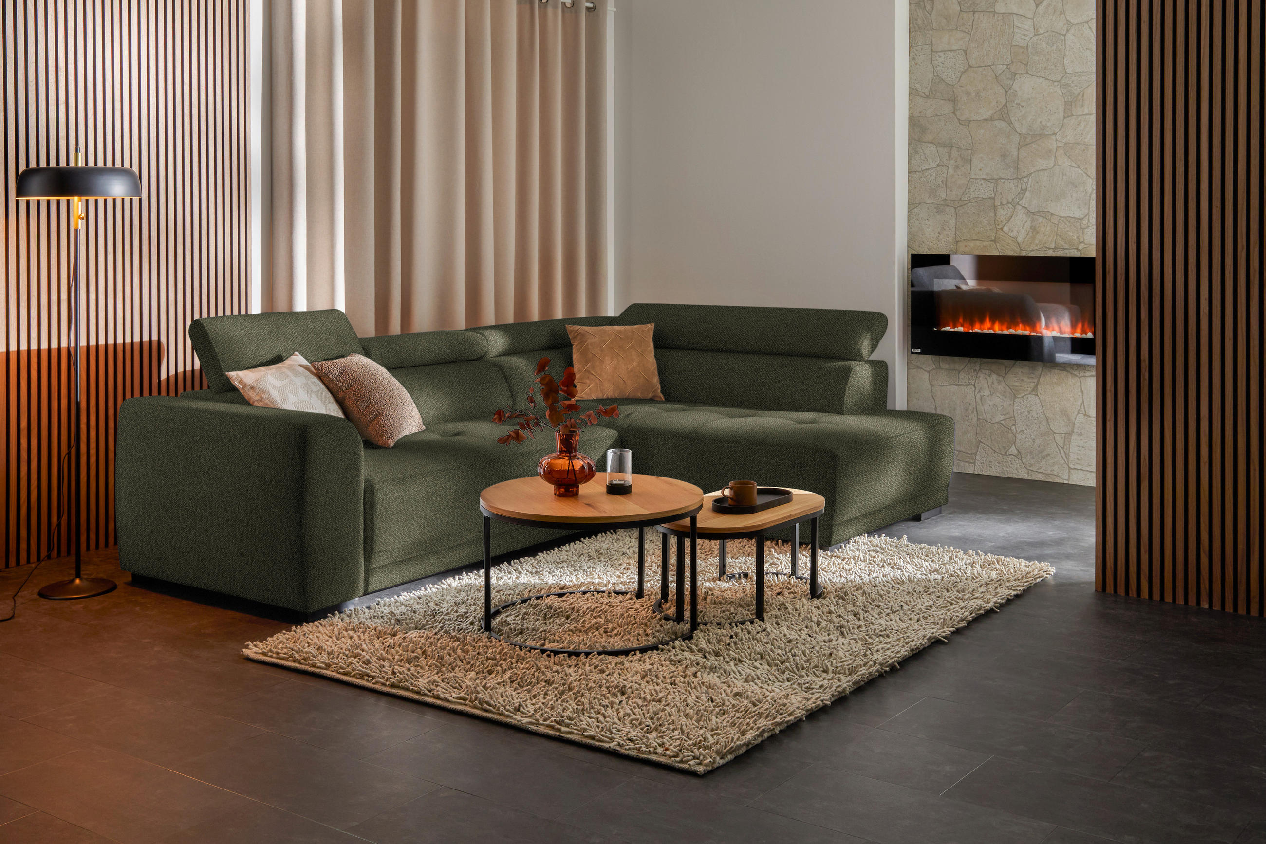 ECKSOFA in Struktur Olivgrün  - Schwarz/Olivgrün, Design, Kunststoff/Textil (284/205cm) - MID.YOU