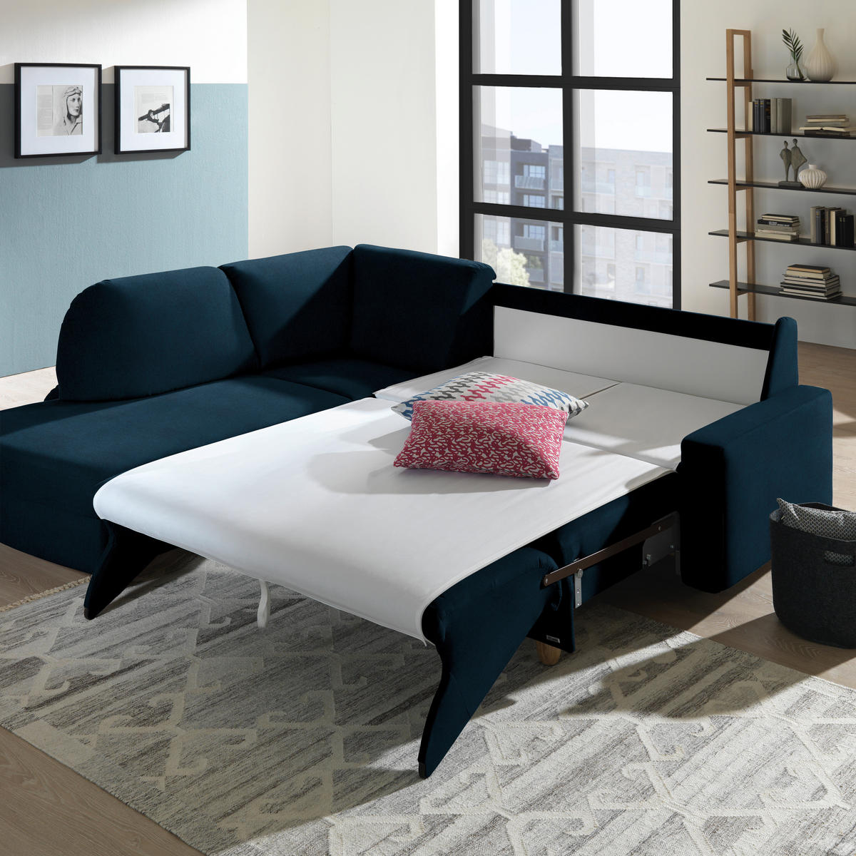 ECKSOFA in Flachgewebe Dunkelblau  208/227 cm  - Eichefarben/Rot, KONVENTIONELL, Holz/Textil (208/227cm) - Sedda