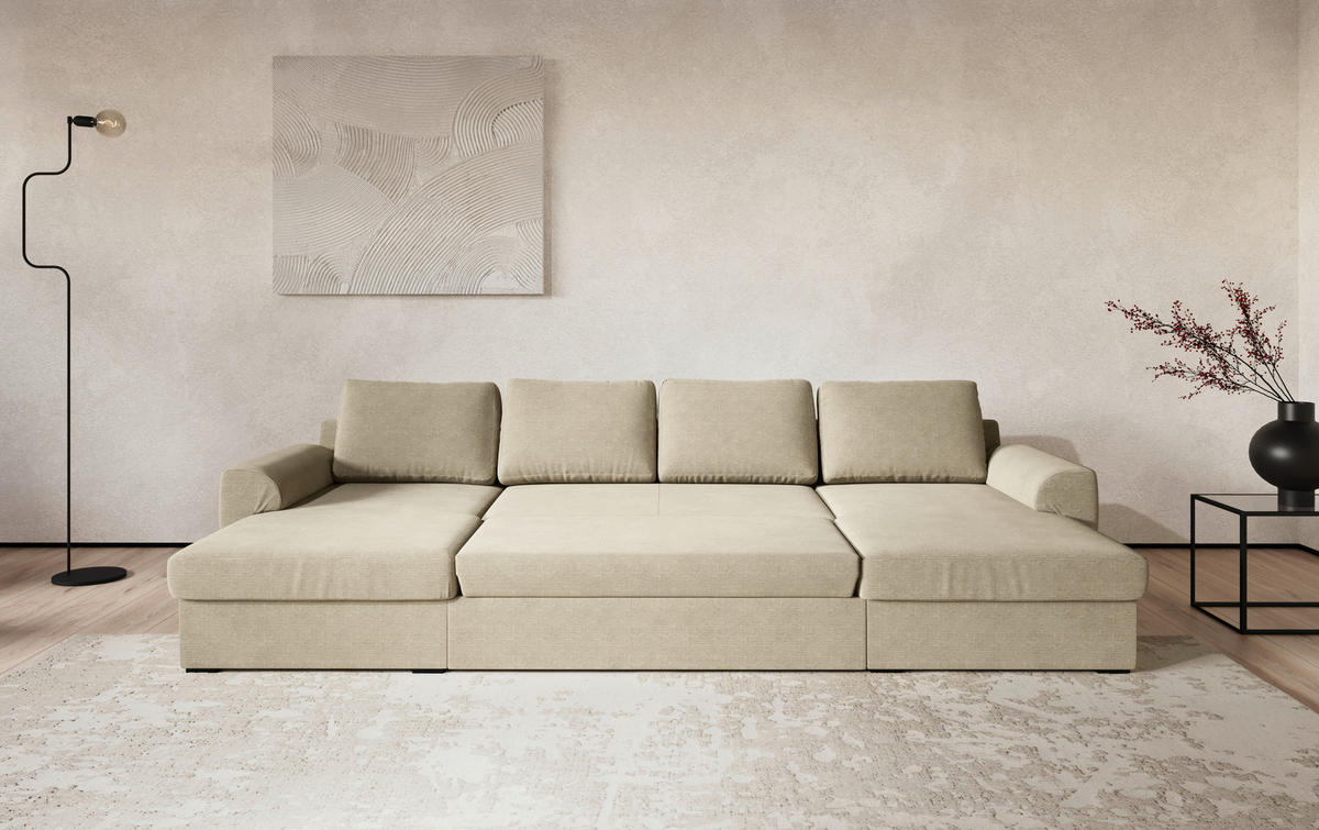 SJEDEĆA GARNITURA tekstil  bež   - bež/crna, Trend, tekstil/plastika (154/327/86cm) - MID.YOU