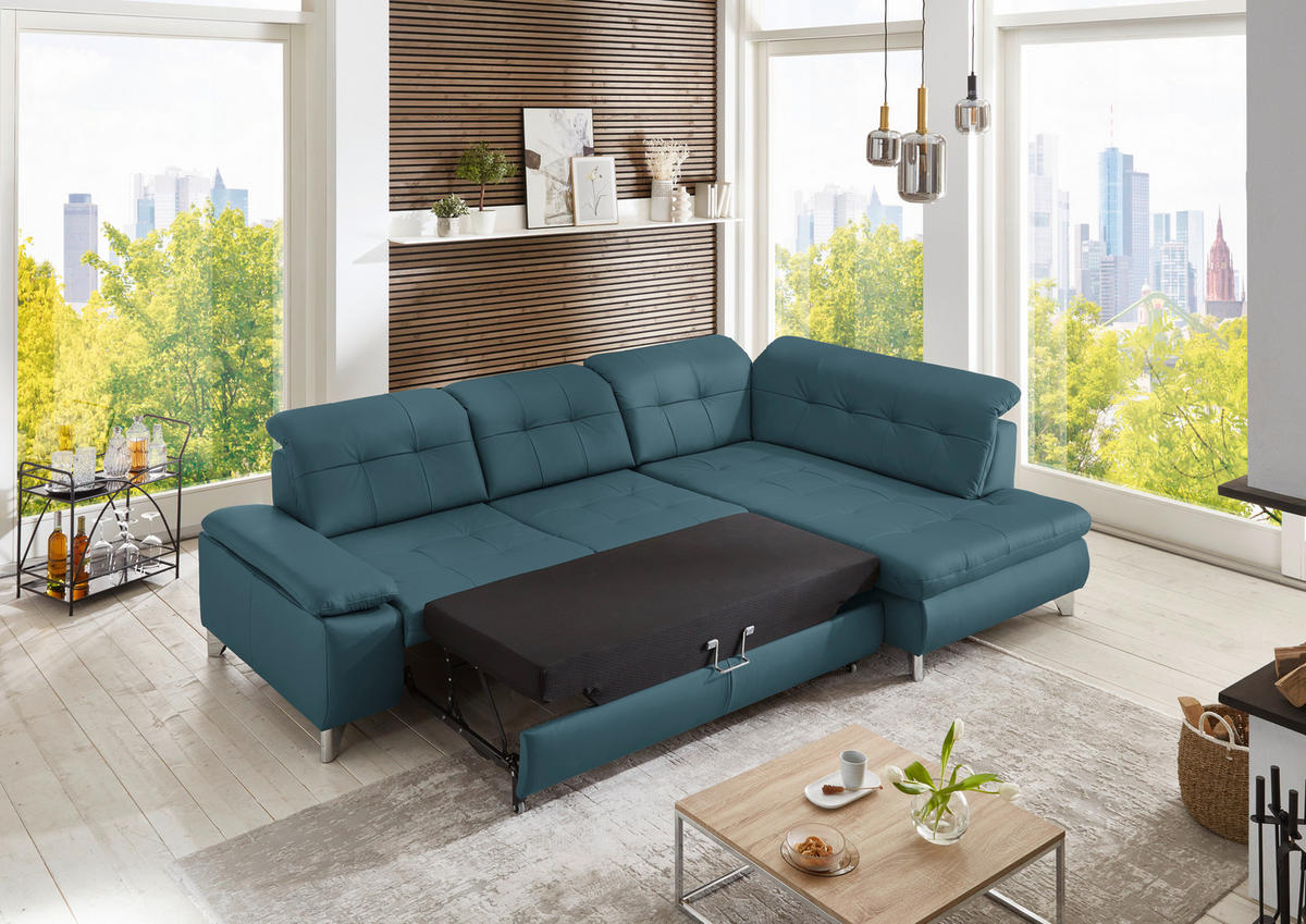 CANAPÉ D'ANGLE in Echtleder Blau  - Blau/Alufarben, Design, Leder/Metall (309/211cm) - Beldomo Speed