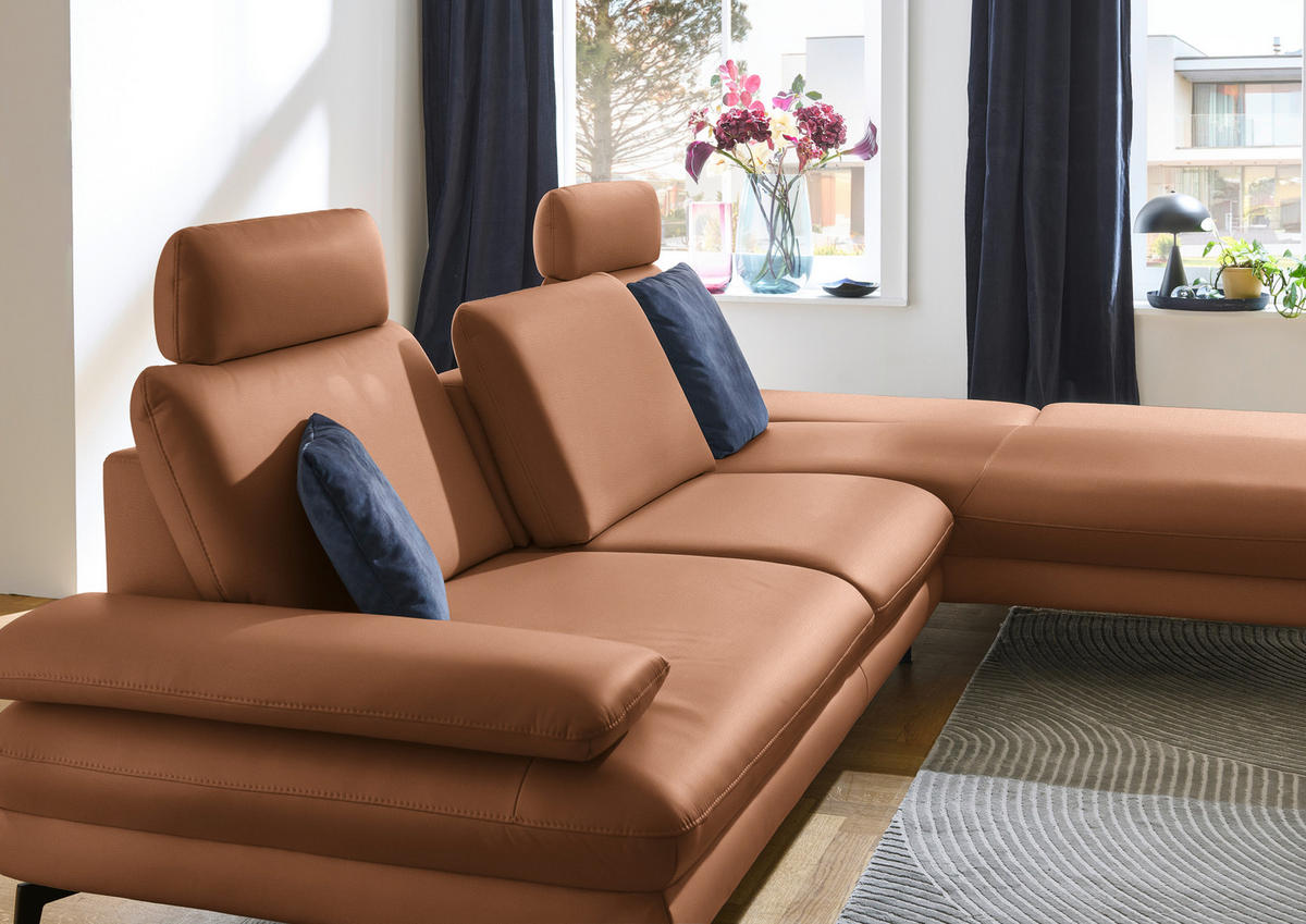 ECKSOFA in Echtleder Hellbraun  - Hellbraun/Schwarz, Design, Leder/Metall (308/195cm) - Dieter Knoll