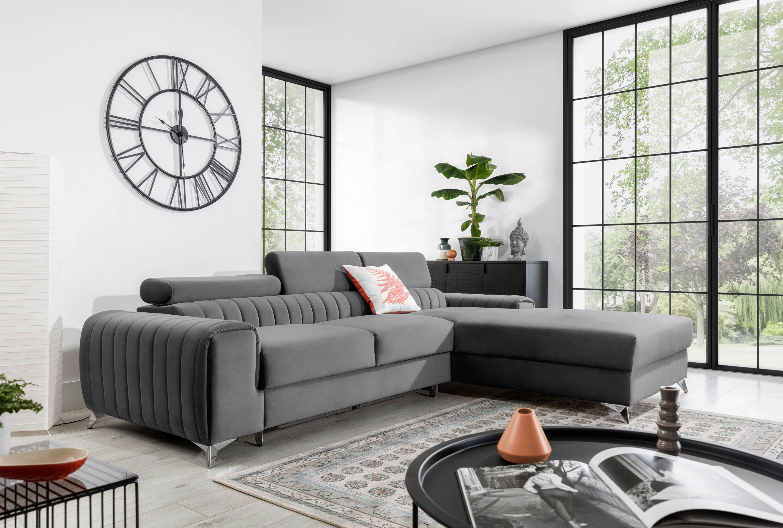 ECKSOFA in Samt Grau  278/205 cm  - Silberfarben/Grau, Design, Textil/Metall (278/205cm) - MID.YOU