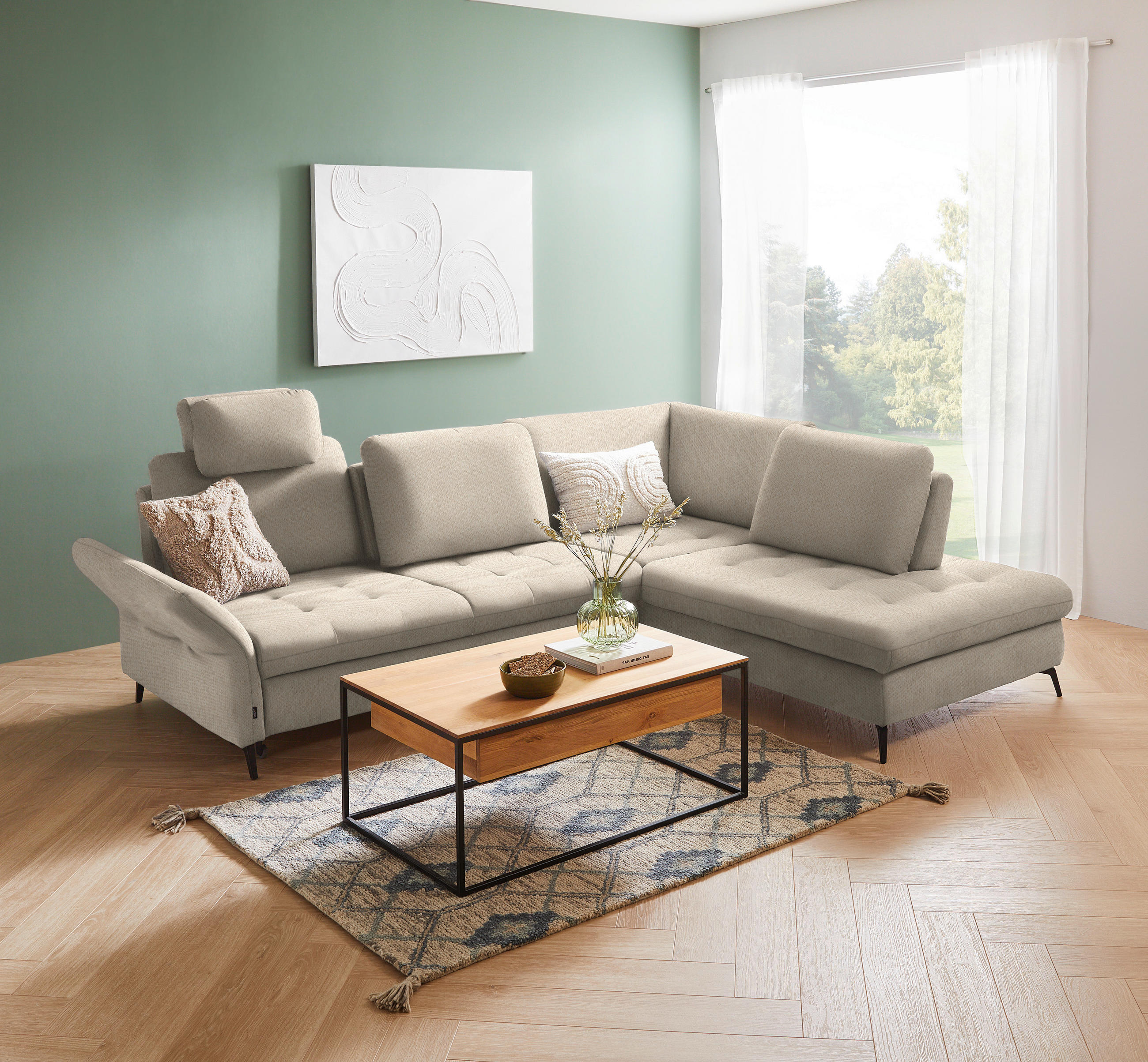 Thumbnail - Valnatura Ecksofa, Beige, Textil, 3-Sitzer, Ottomane rechts, L-Form, 288x233 cm, Bettkasten erhältlich, Stoffauswahl, se...