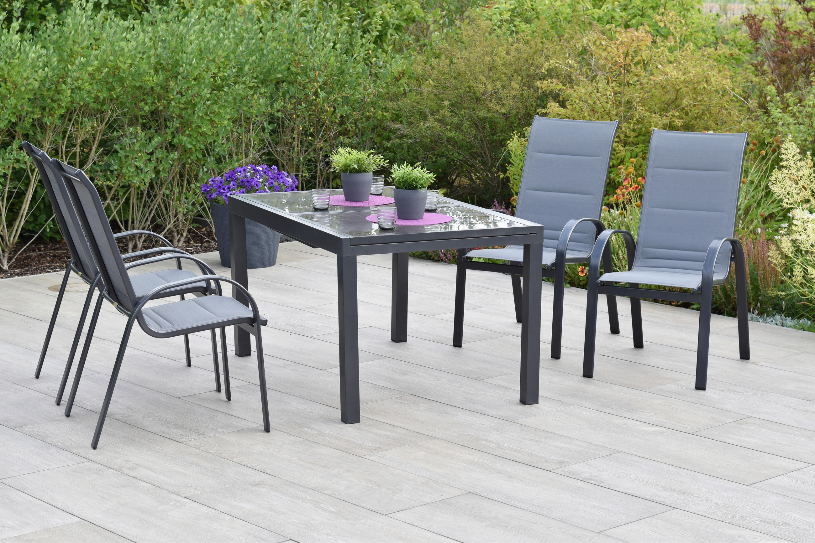 GARTENTISCHGRUPPE  - Graphitfarben/Braun, KONVENTIONELL, Glas/Textil - Gardenson