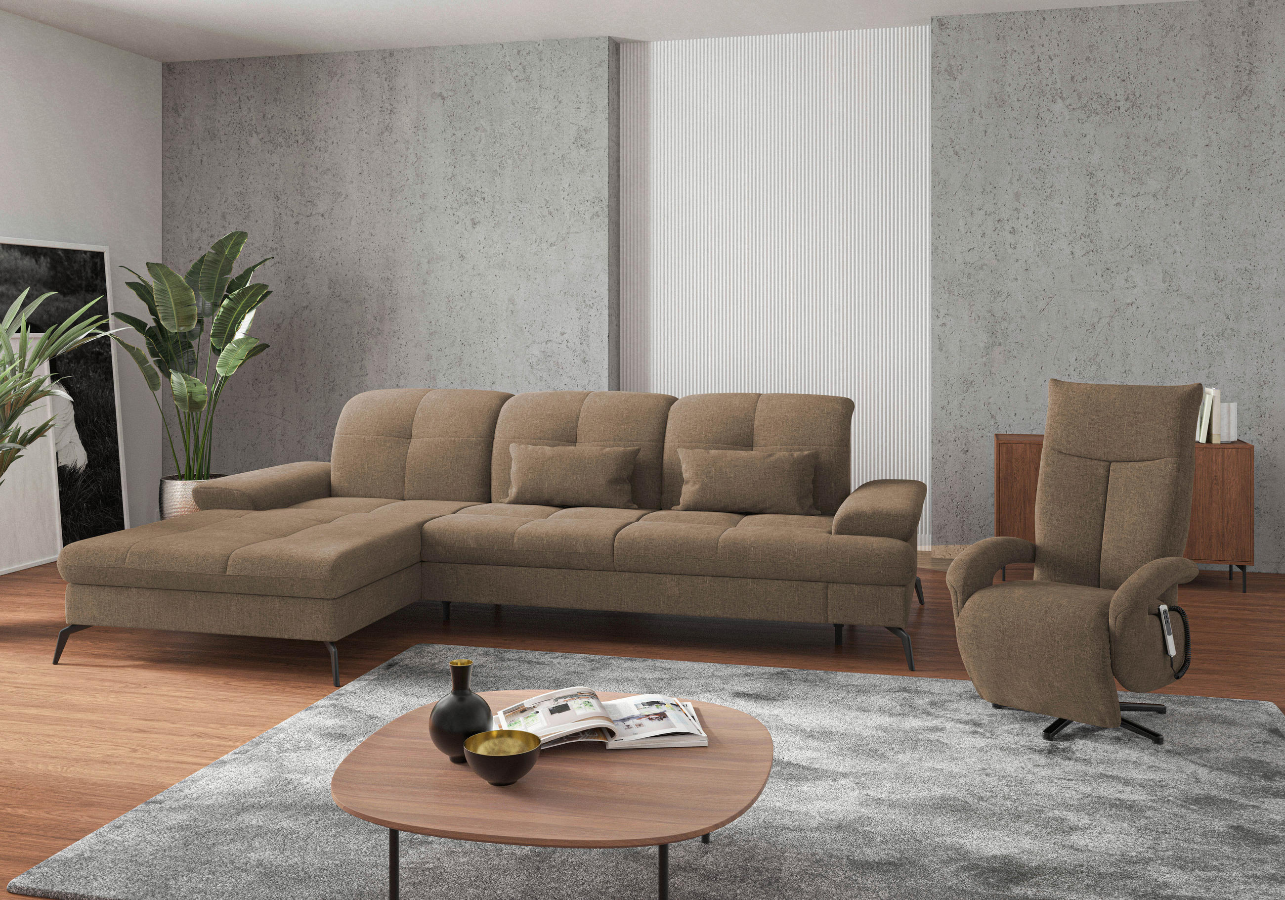 ECKSOFA Hellbraun Flachgewebe Armteilverstellung, Sitztiefenverstellung  - Hellbraun/Schwarz, KONVENTIONELL, Textil/Metall (185/279cm) - Sit & More