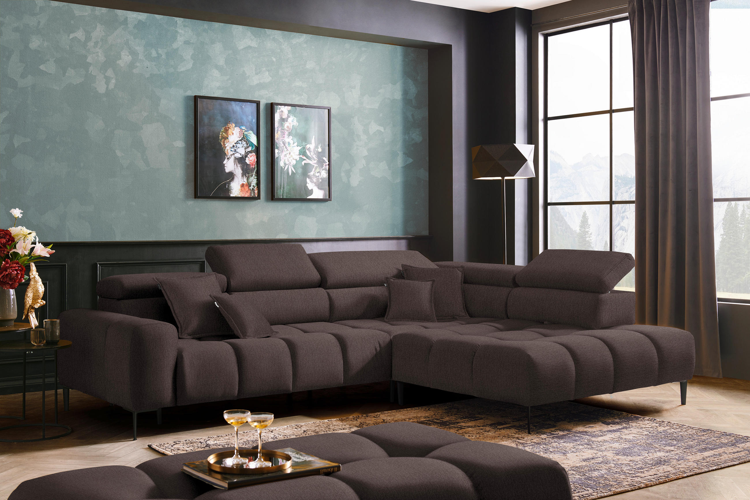 ECKSOFA Graubraun Samt, Webstoff  - Graubraun/Schwarz, Design, Textil/Metall (300/216cm) - Welnova