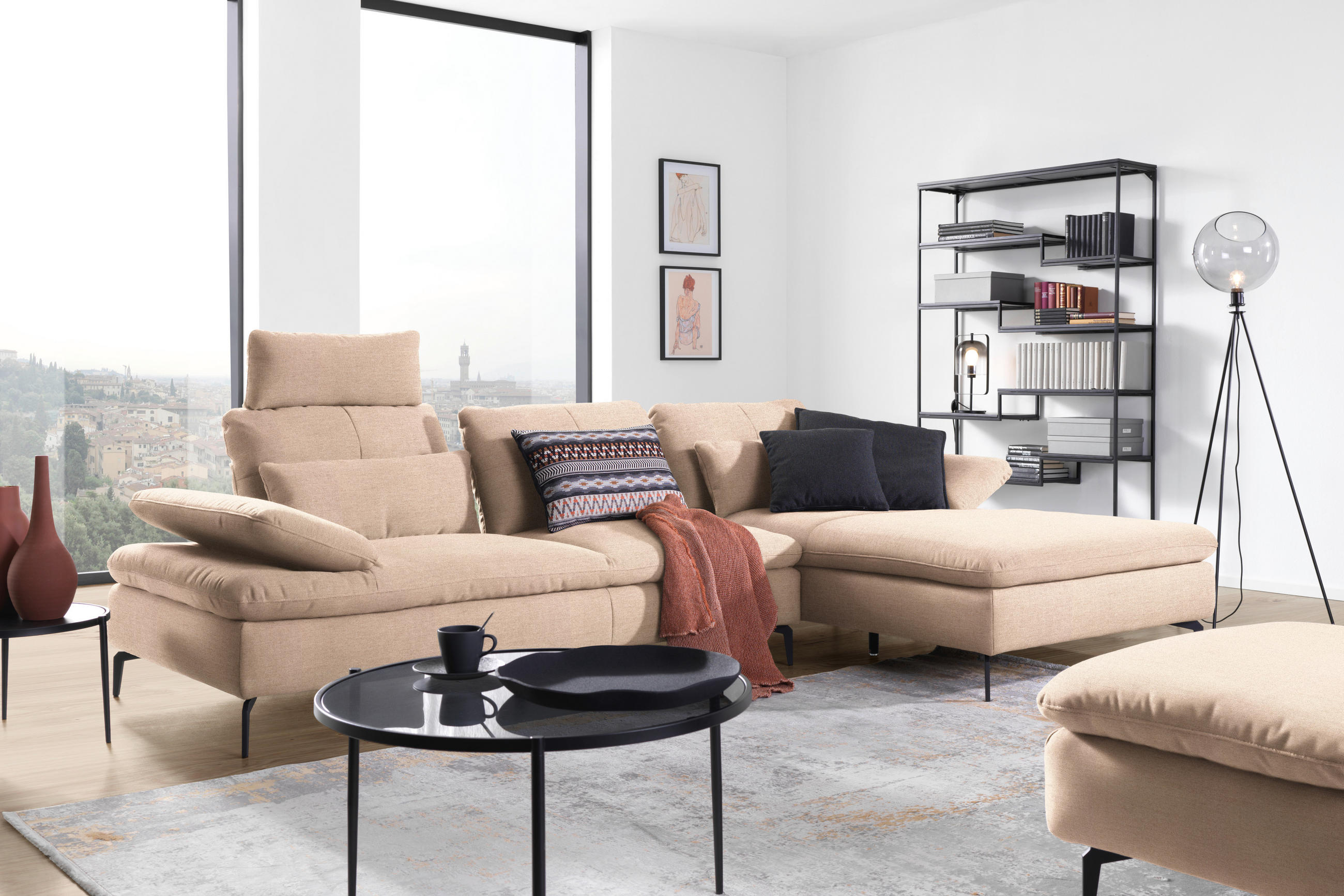 ECKSOFA in Webstoff Hellbraun  301/179 cm  - Hellbraun/Schwarz, Design, Textil/Metall (301/179cm) - Chilliano