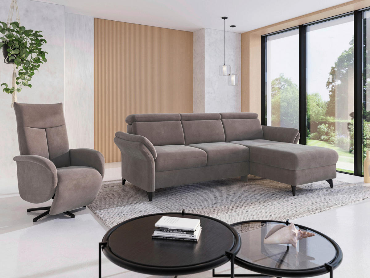 ECKSOFA GLENDALE E Taupe Flachgewebe  - Taupe/Schwarz, KONVENTIONELL, Textil/Metall (253/166cm) - Sit & More
