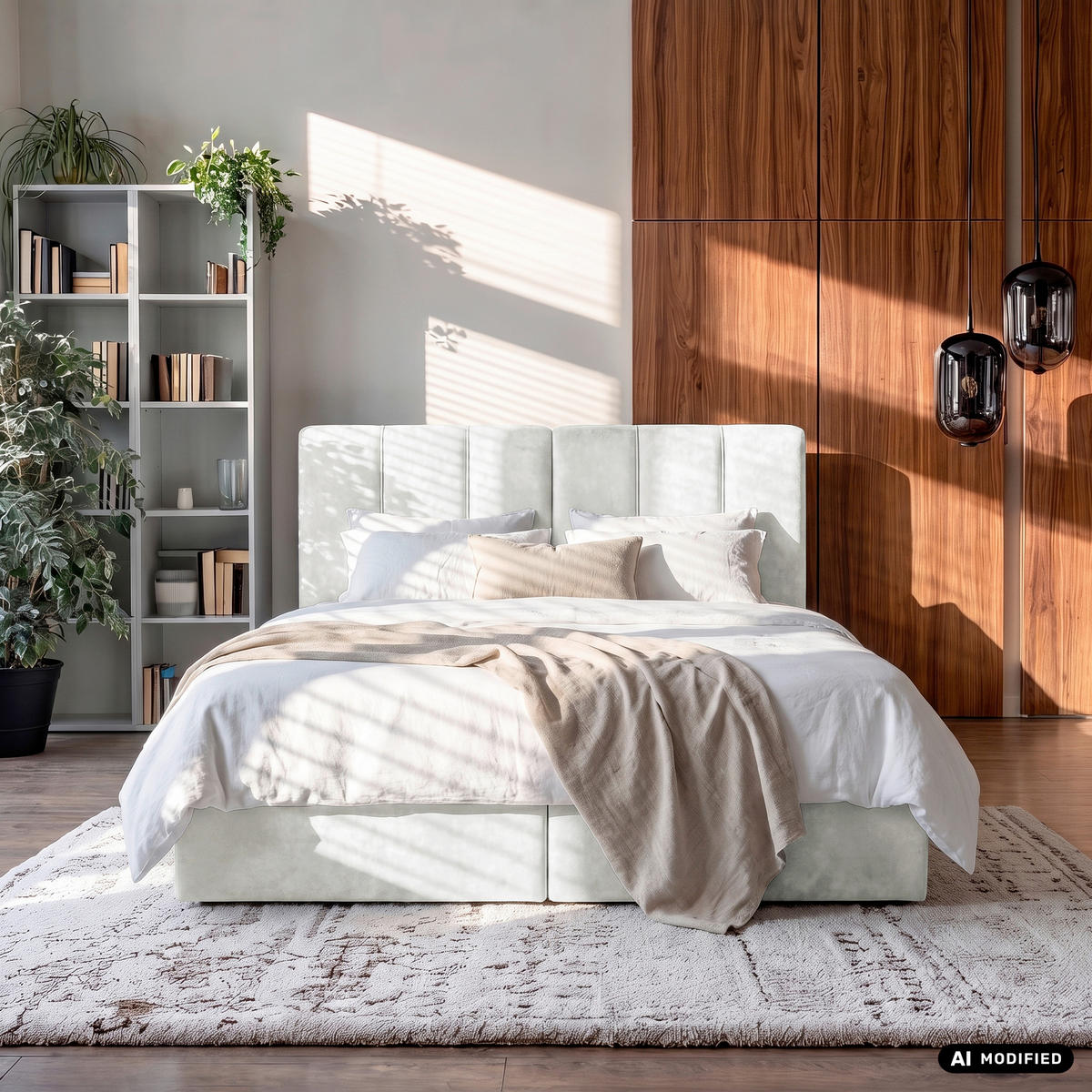 BOXBETT 160/200 cm,  in Creme, gepolstertes Kopfteil, Bettkasten, Topper, Matratze, H3 = fest  - Creme/Schwarz, Design, Holzwerkstoff/Kunststoff (160/200cm) - Esposa