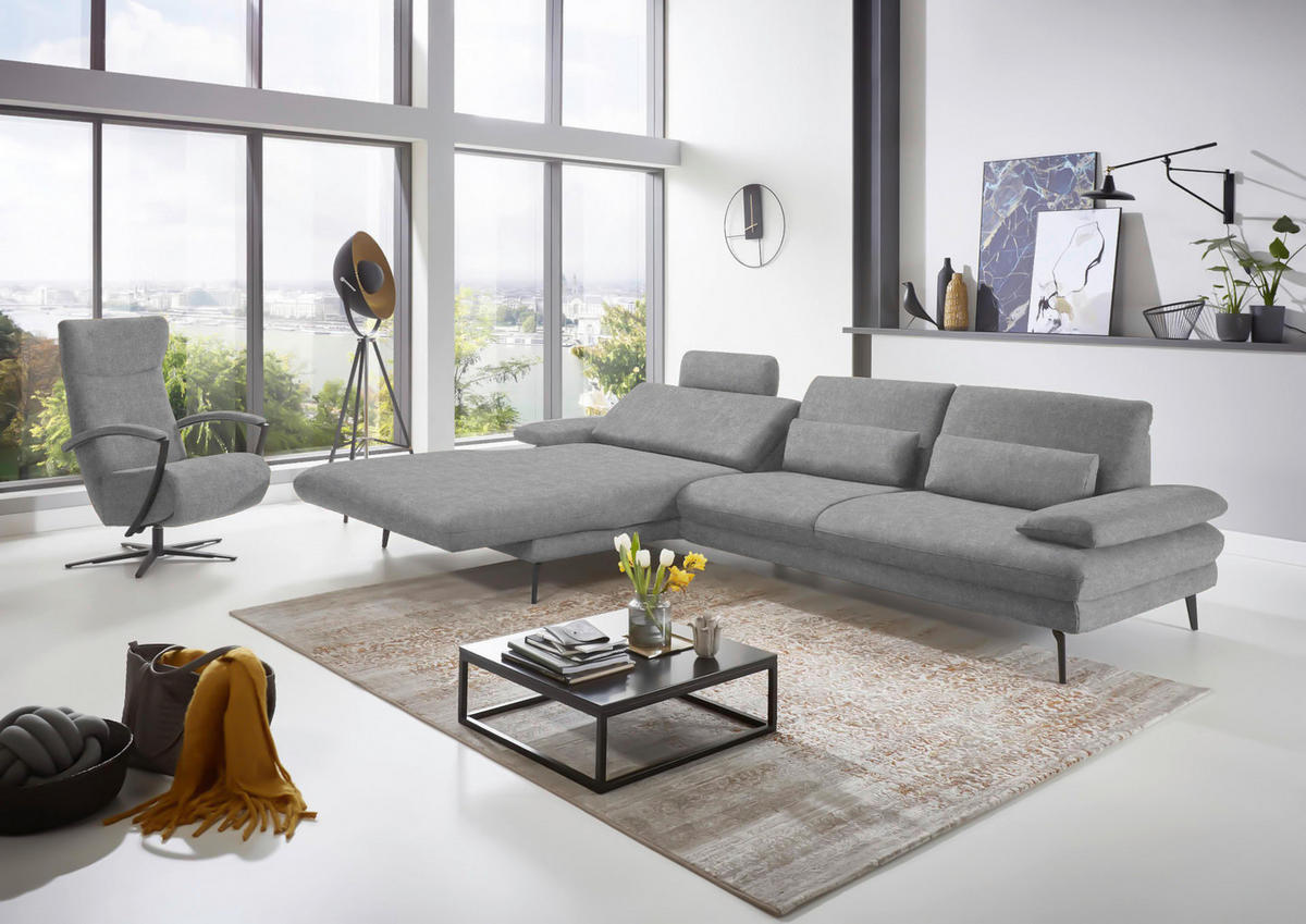 ECKSOFA in Velours Hellgrau  180/310 cm  - Hellgrau/Schwarz, Design, Textil/Metall (180/310cm) - Dieter Knoll