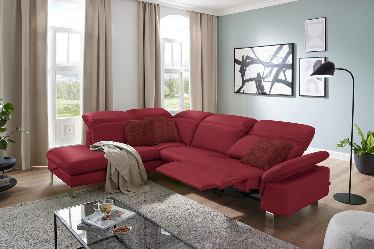 ECKSOFA in Echtleder Rot  233/309 cm  - Edelstahlfarben/Rot, Design, Leder/Metall (233/309cm) - Dieter Knoll