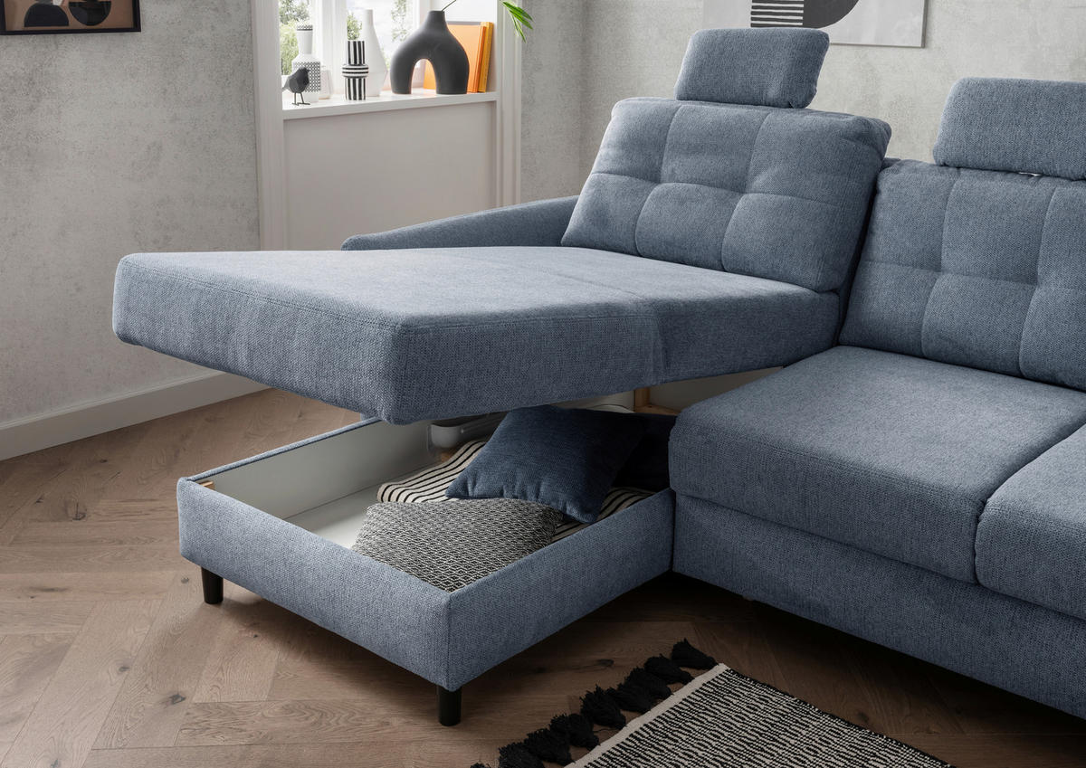 ECKSOFA Hellblau Chenille  - Blau/Schwarz, MODERN, Holz/Textil (176/250-280cm) - Livetastic