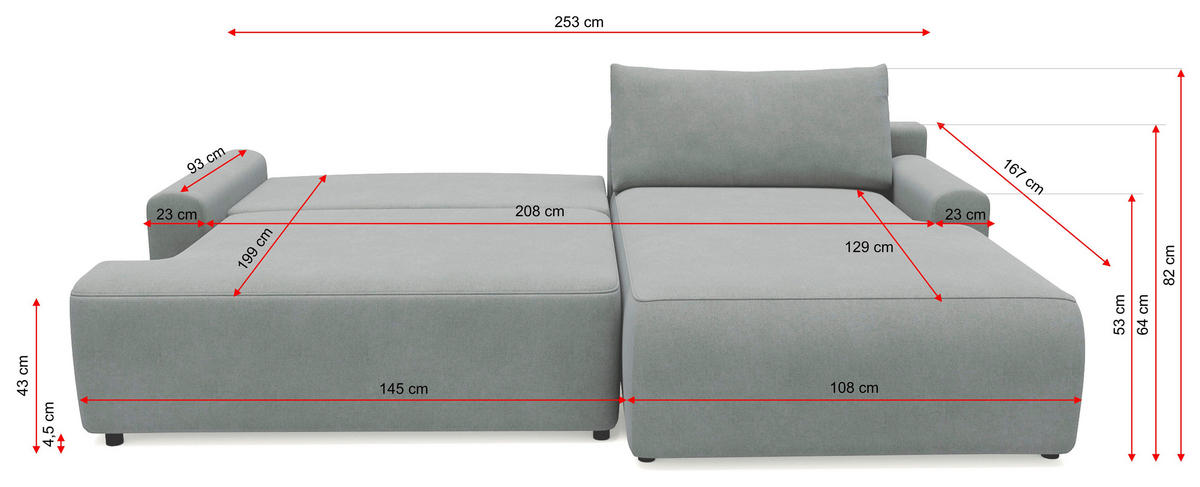 ECKSCHLAFSOFA in Cord Anthrazit  - Anthrazit/Schwarz, Modern, Kunststoff/Textil (167/253cm) - Trendmanufaktur