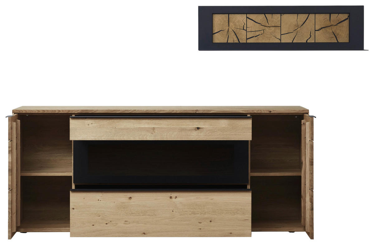 SIDEBOARD Schwarz, Eichefarben  202/86/45 cm  - Eichefarben/Schwarz, Design, Glas/Holz (202/86/45cm) - Valdera