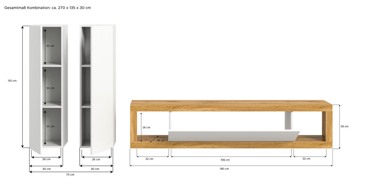 OBÝVACÍ STĚNA, bílá, dub wotan - bílá/dub wotan, Design, kompozitní dřevo (270/135/30cm) - MID.YOU