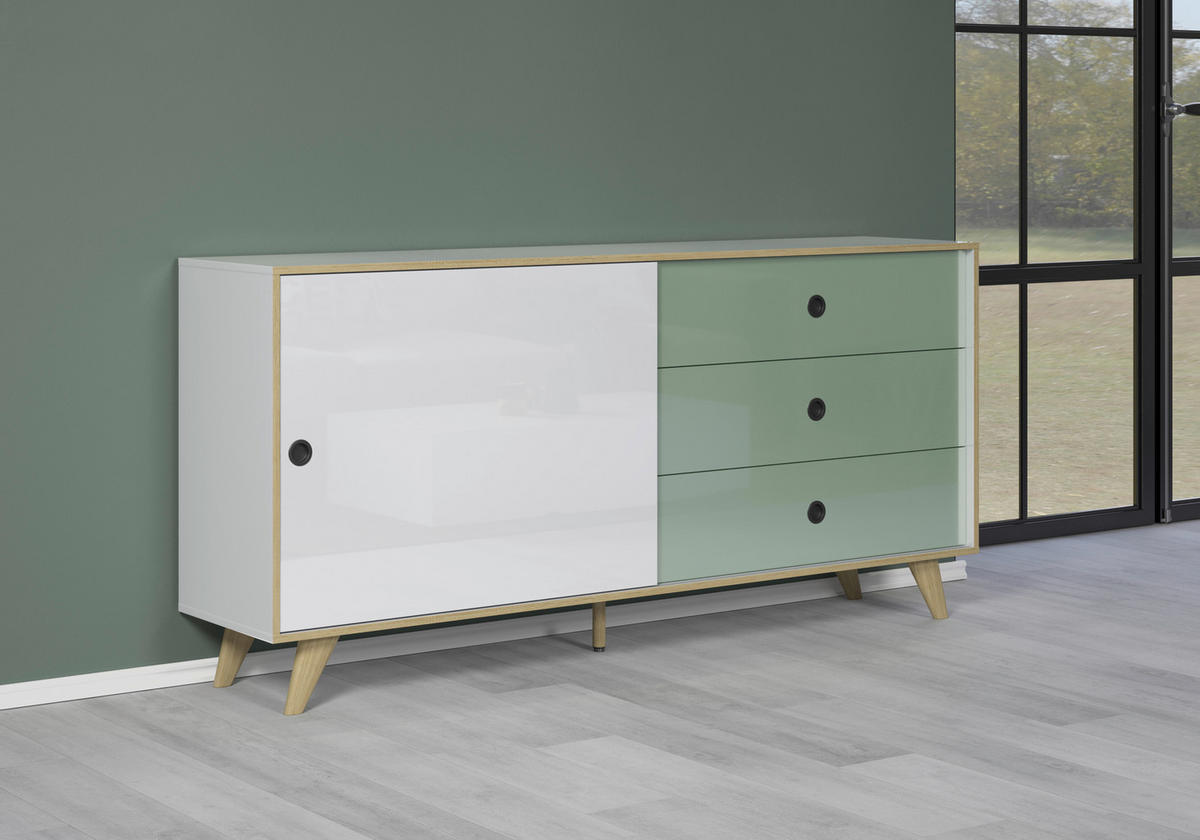 SIDEBOARD Grün, Eichefarben, Weiß Hochglanz  180/86/40 cm  - Eichefarben/Weiß Hochglanz, MODERN, Holzwerkstoff/Kunststoff (180/86/40cm) - Boxxx