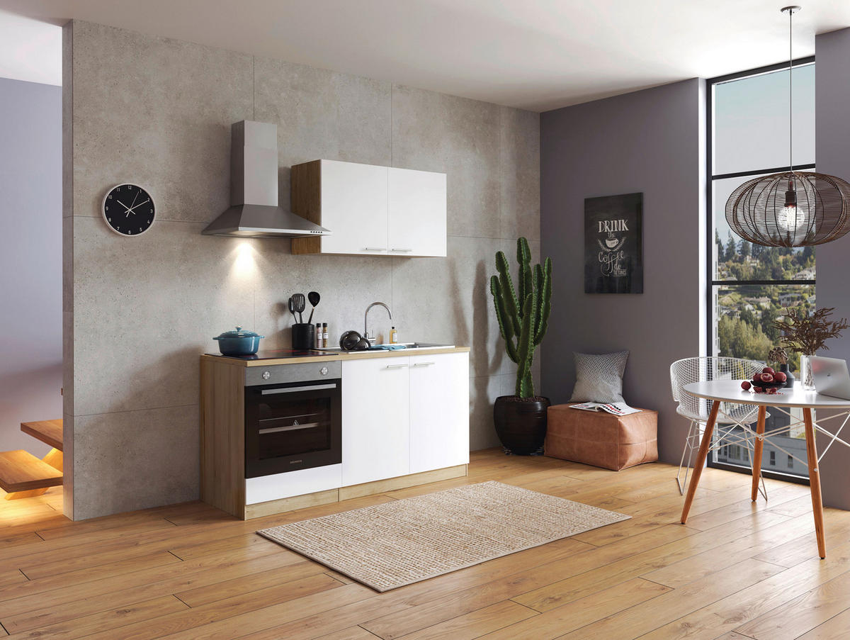 MINIKÜCHE 160 cm   in Weiß  - Eichefarben/Weiß, Design, Holzwerkstoff/Metall (160cm) - Respekta